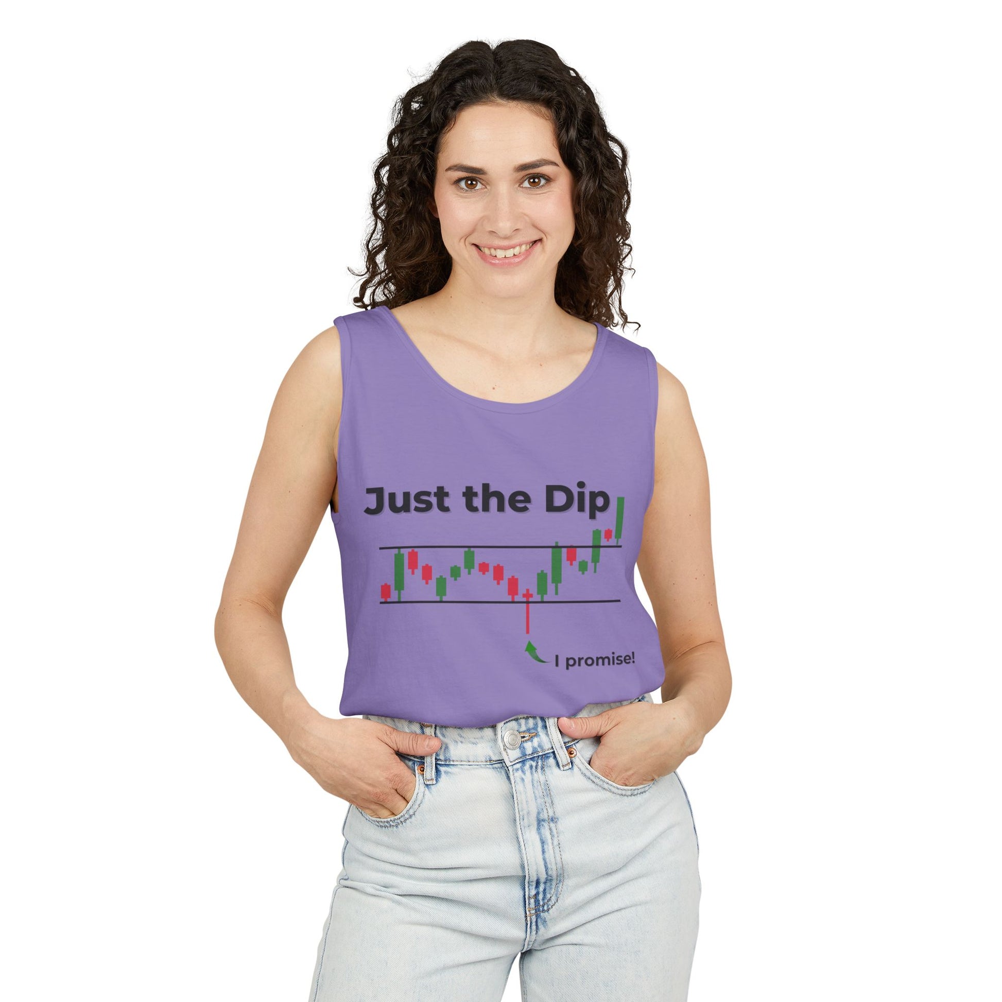 Woman in front view of purple "Just the Dip" tank featuring candlestick plunge and "I promise!" arrow