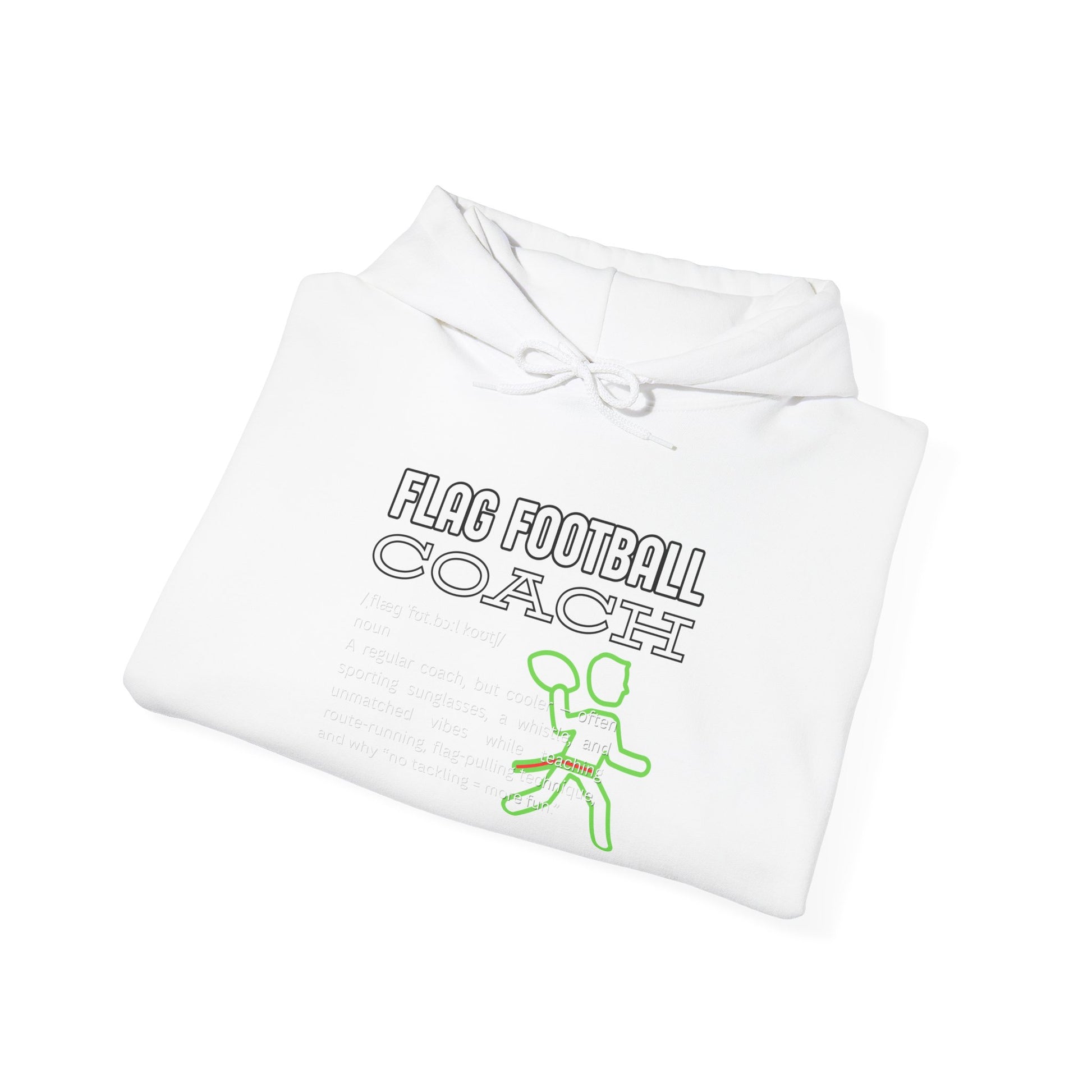 Folded white hoodie open to front, black outline "FLAG FOOTBALL COACH" text and neon green stick-figure runner with flag belt