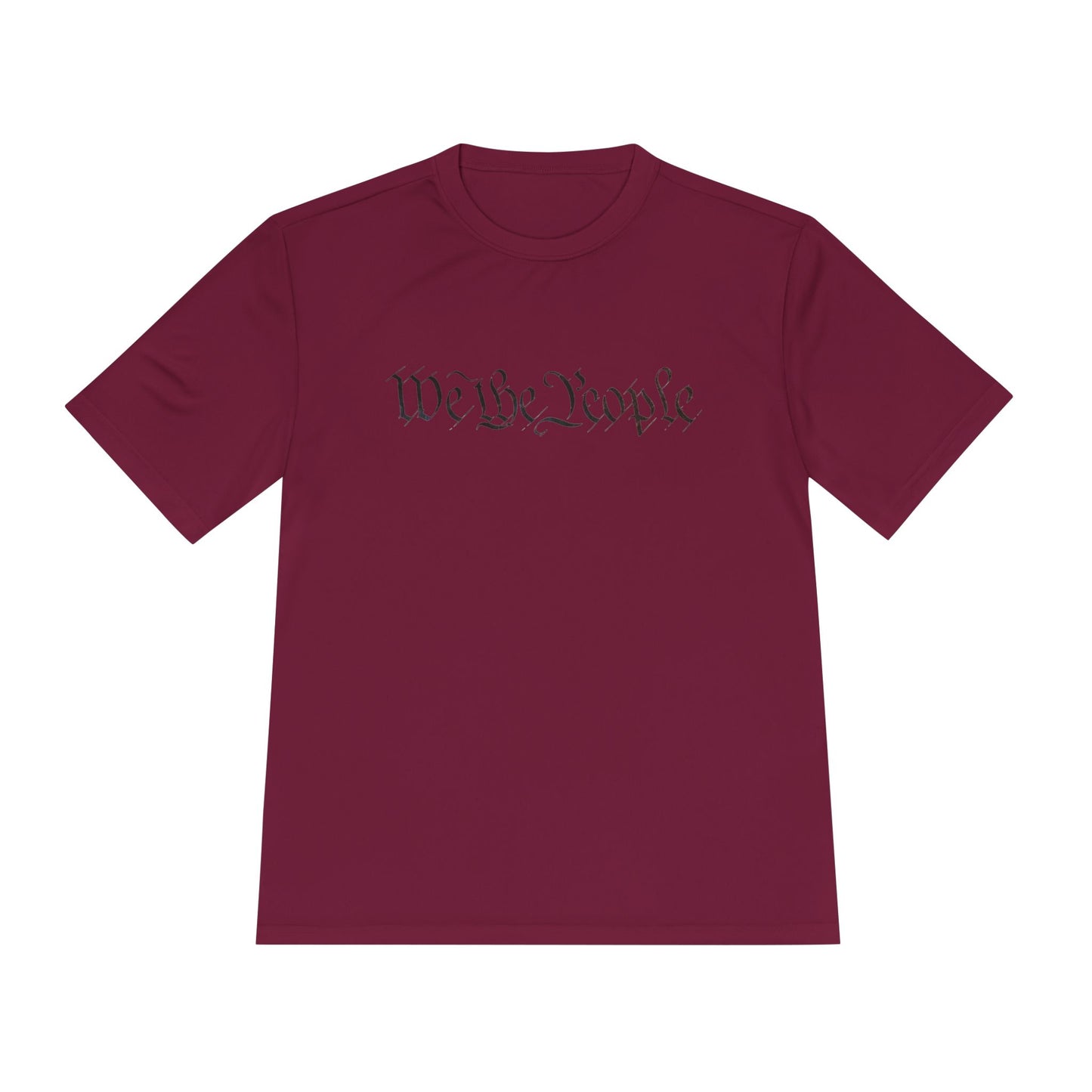 Front view of cardinal red moisture-wicking tee with dark cursive "We the People" script hiding QR Easter egg