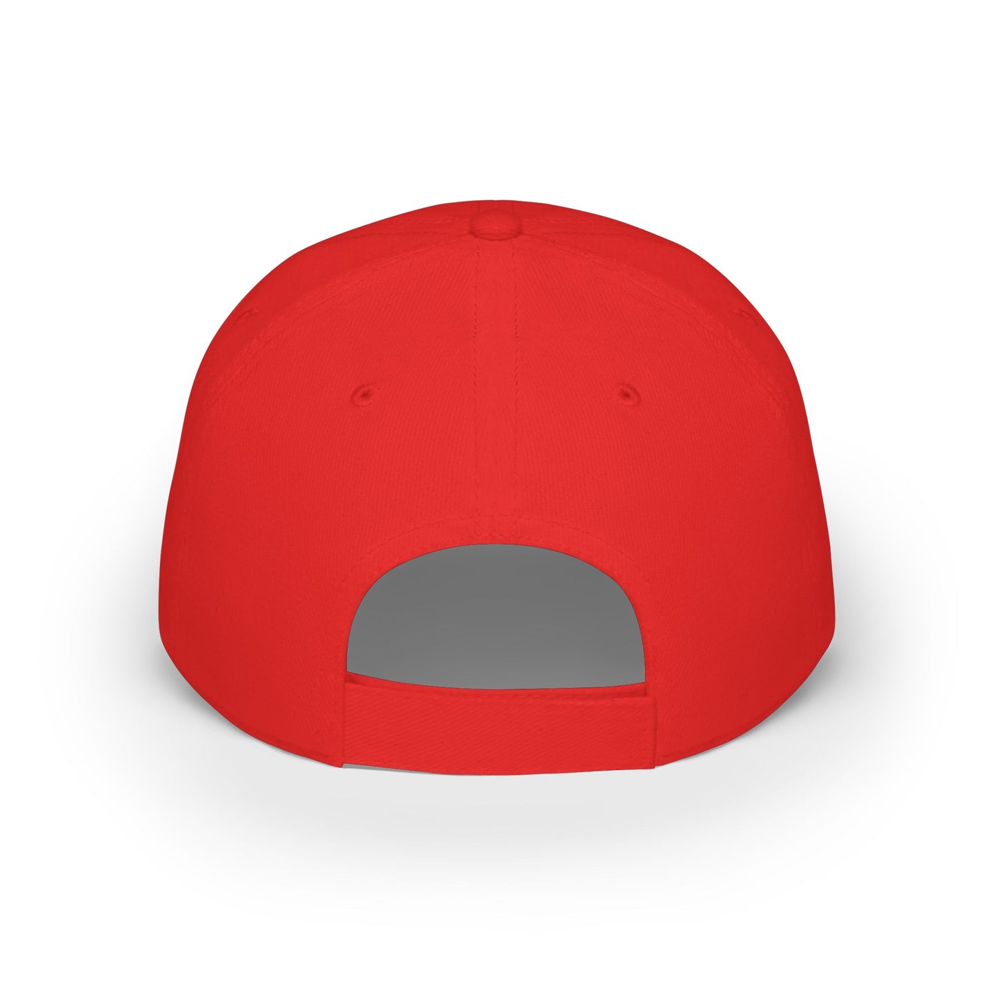 Back view of red unstructured baseball cap showing adjustable Velcro strap