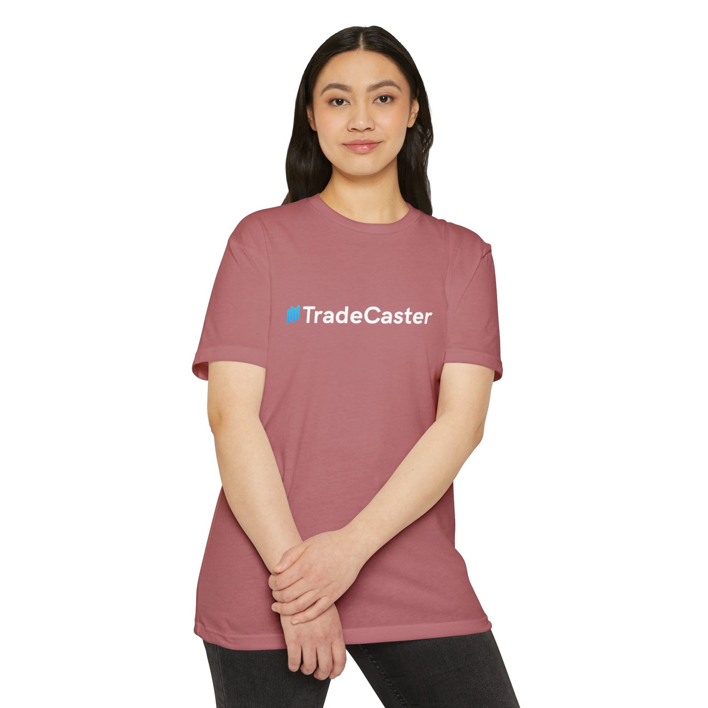 Woman model front view in red TradeCaster tee, striking blue #TradeCaster white text
