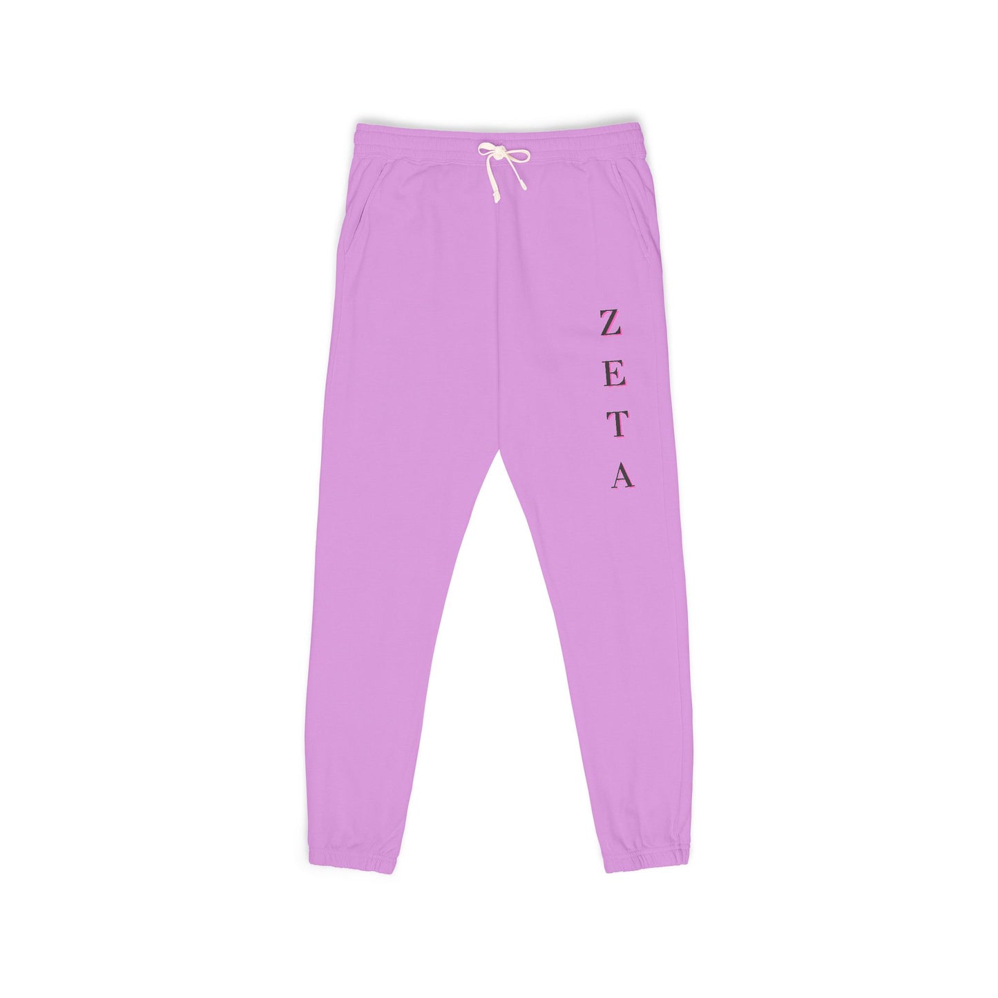 Front view of lavender Zeta Vertical Script sweatpants, dark purple ZETA down leg