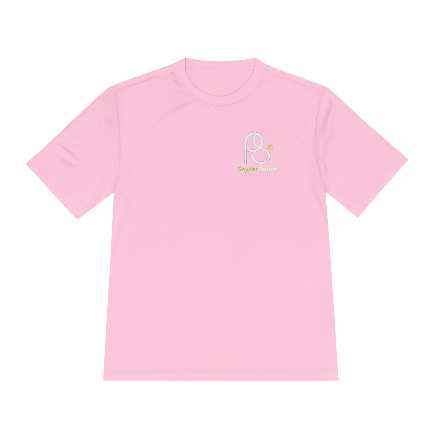 Front view of pink short-sleeve tee with white outlined "P S" logo and green "Brighton Tennis" text