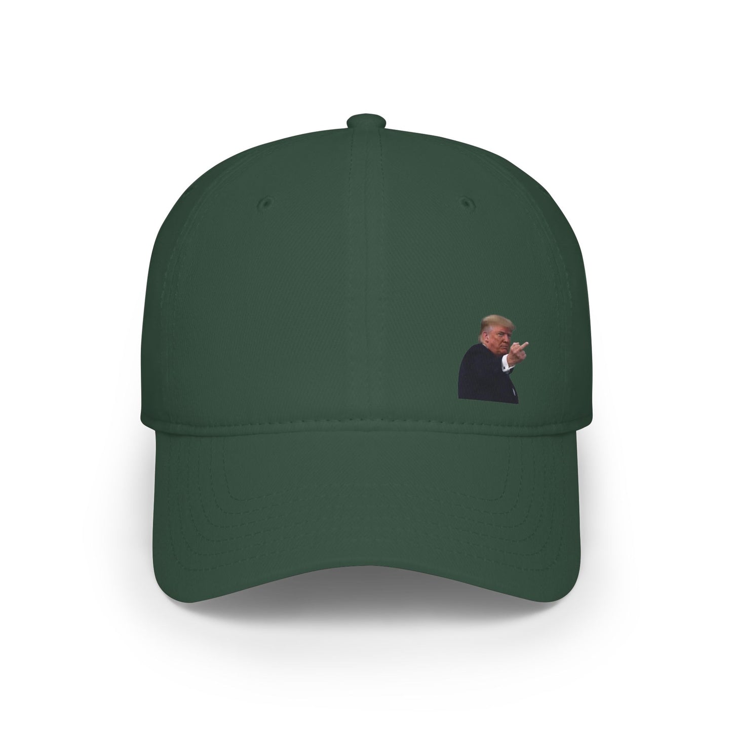 Front view of dark green baseball cap showing sassy Trump meme hand gesture