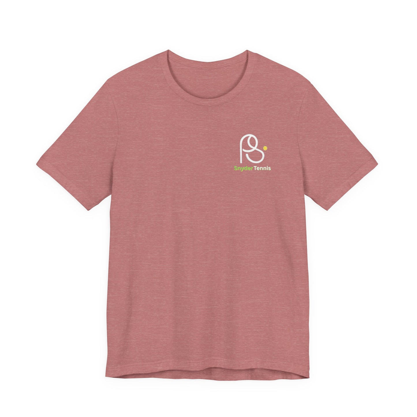 Close flat front of rose Coach Pete Snyder tennis tee, white outlined PS Harrison Tennis logo shining