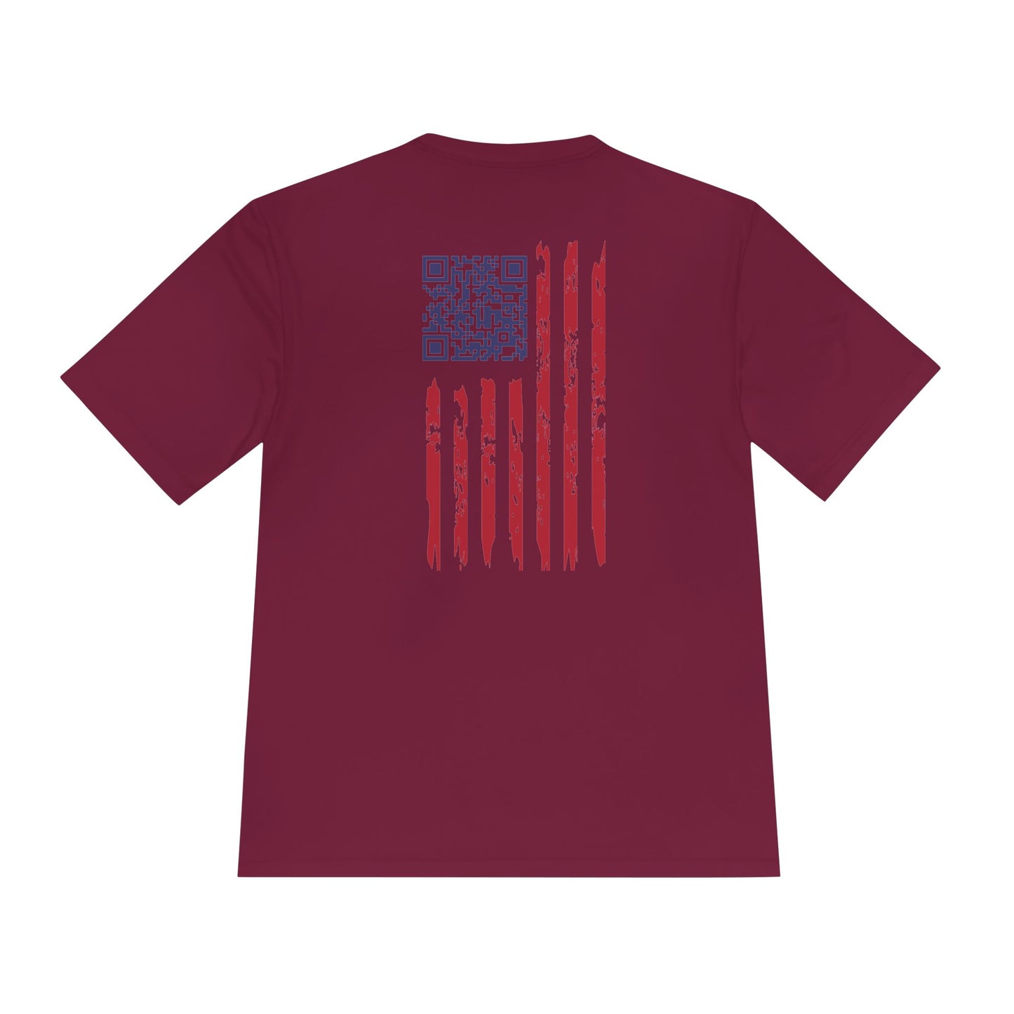 Back view of maroon tee showing blue QR code easter egg and distressed red-white flag stripes