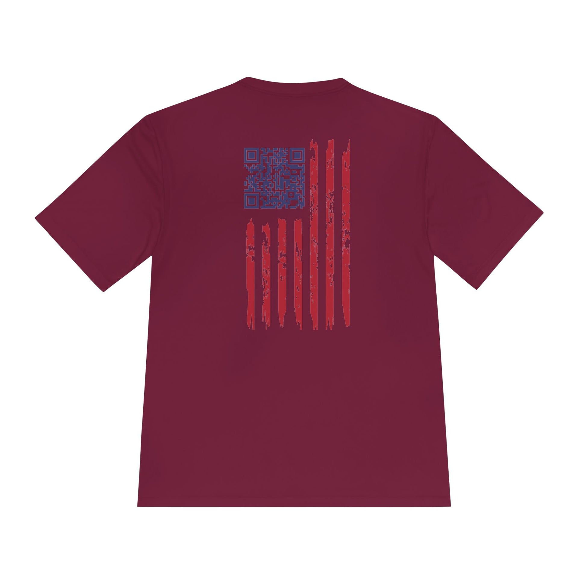 Back view of maroon tee showing blue QR code easter egg and distressed red-white flag stripes