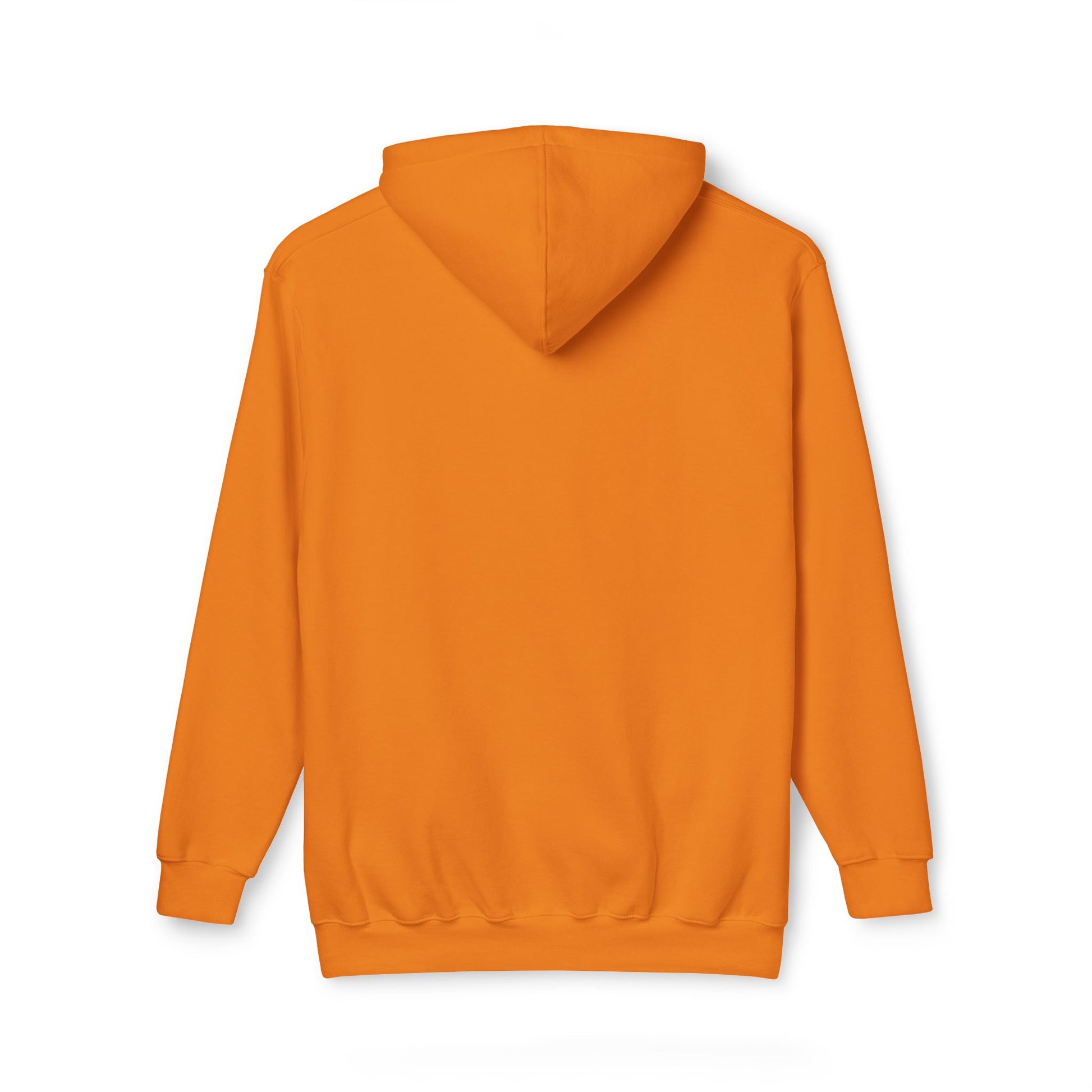 Back view of plain bright orange pullover hoodie, double-lined hood and pouch pocket visible