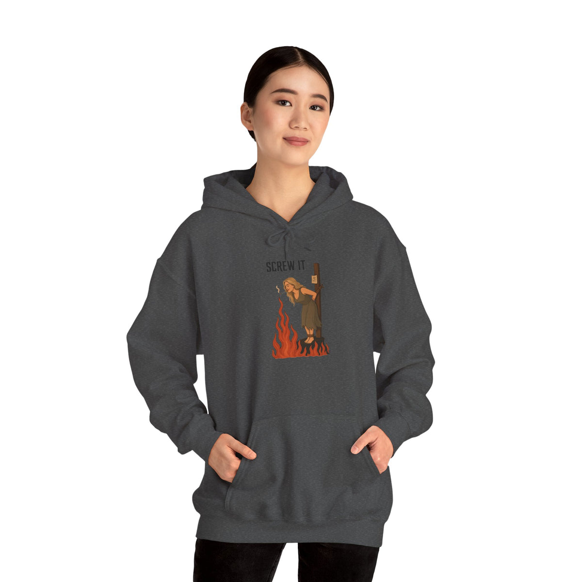 Screw It Hoodie – Funny Retro Character Flaming Witch Graphic Sweatshirt