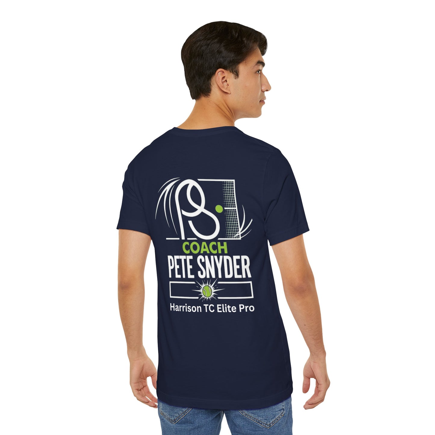 Male model back view navy tee, detailed white "COACH PETE SNYDER Harrison TC Elite Pro" tennis print