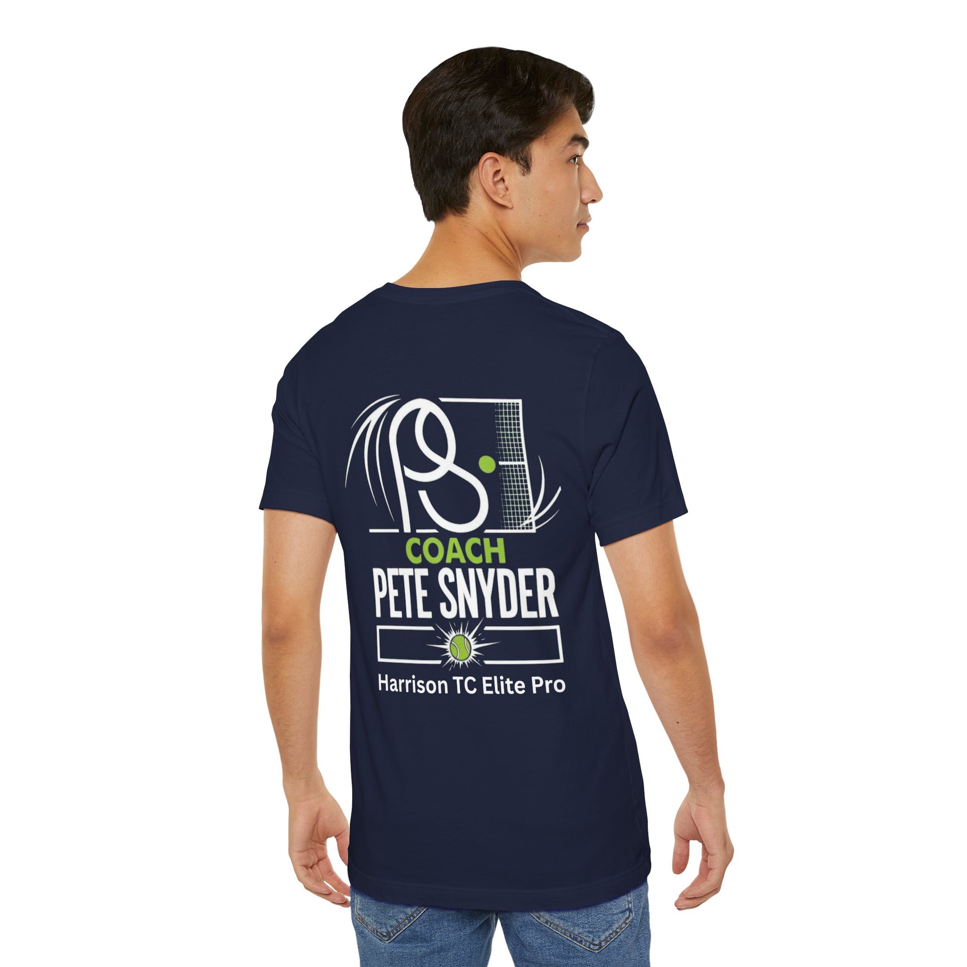 Male model back view navy tee, detailed white "COACH PETE SNYDER Harrison TC Elite Pro" tennis print