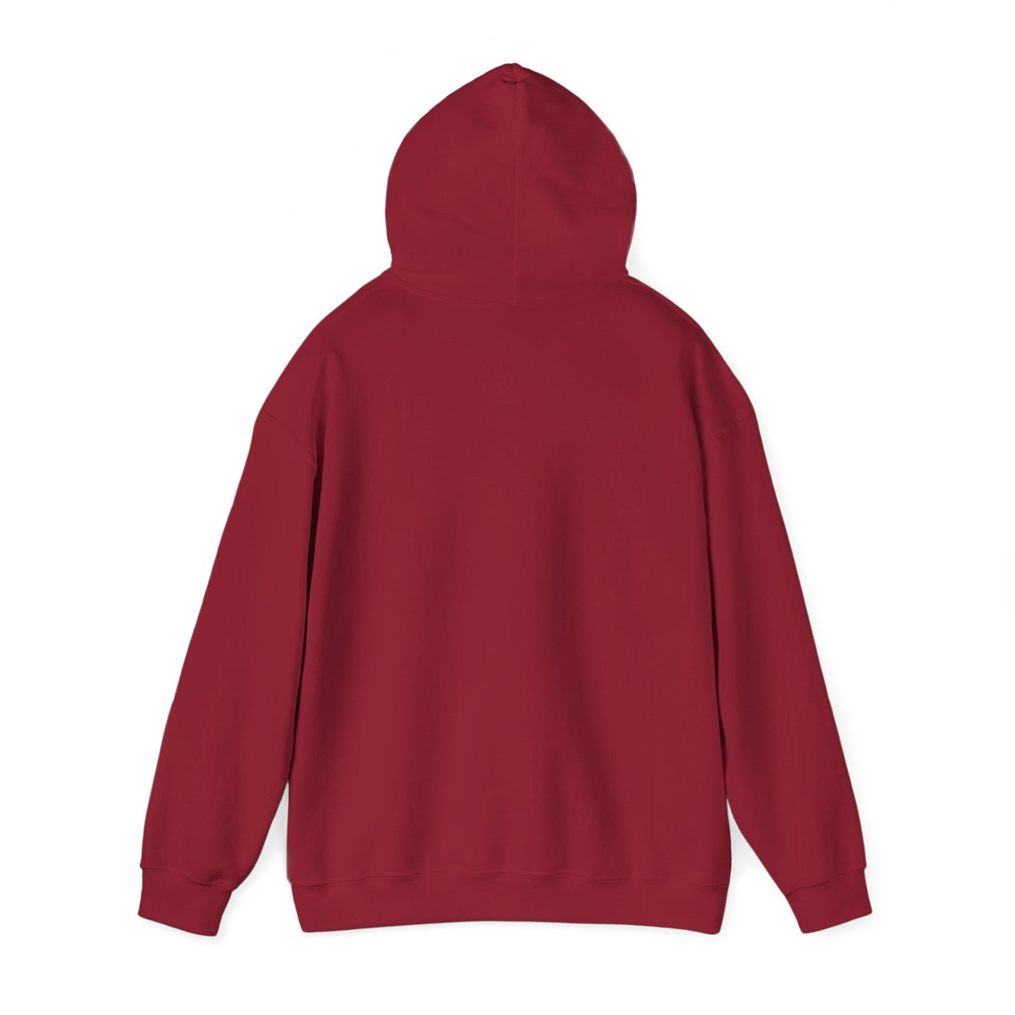 Back angle of folded maroon hoodie, no print visible, just soft fabric vibes