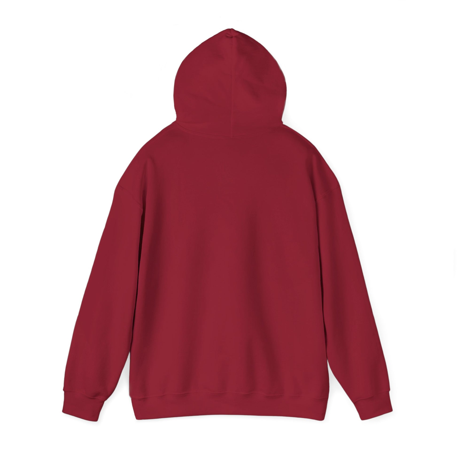 Back angle of folded maroon hoodie, no print visible, just soft fabric vibes