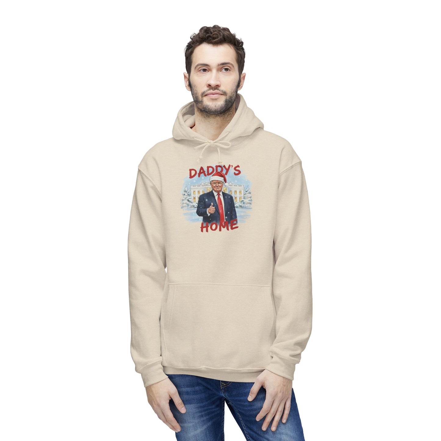Guy in cream "Daddy's Home" Trump Christmas hoodie front, Santa Trump pointing at snowy White House