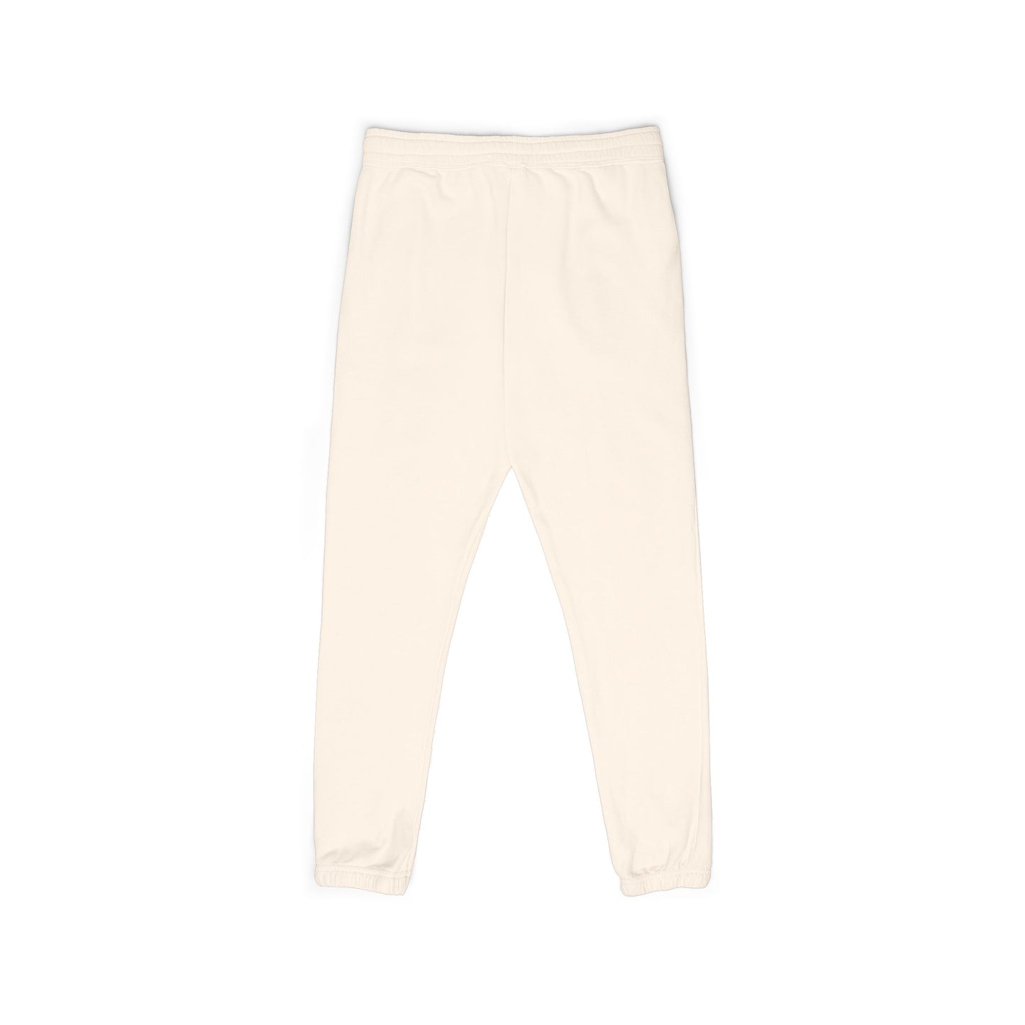 Front view of plain off-white garment-dyed fleece joggers, relaxed fit with ankle taper