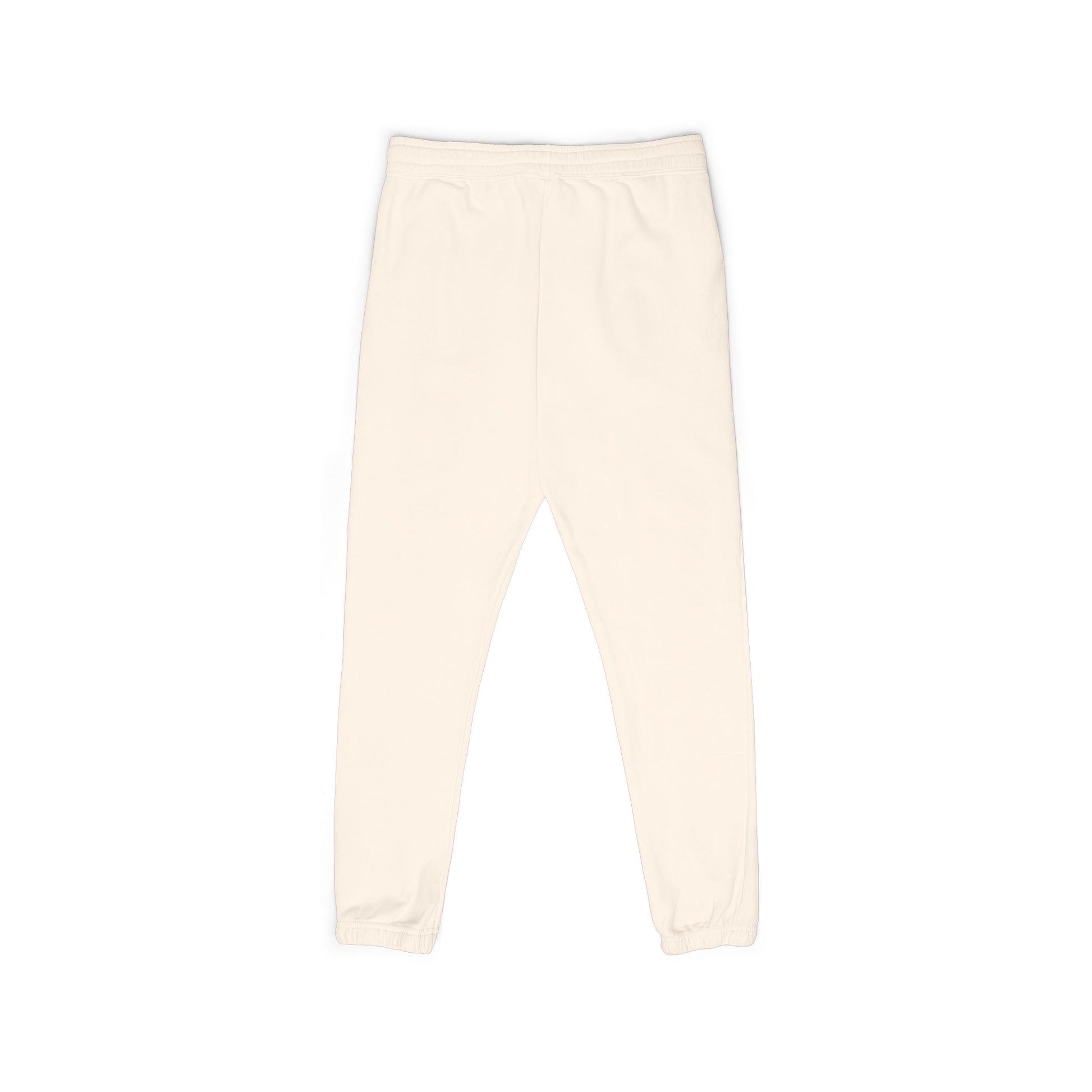 Front view of plain off-white garment-dyed fleece joggers, relaxed fit with ankle taper