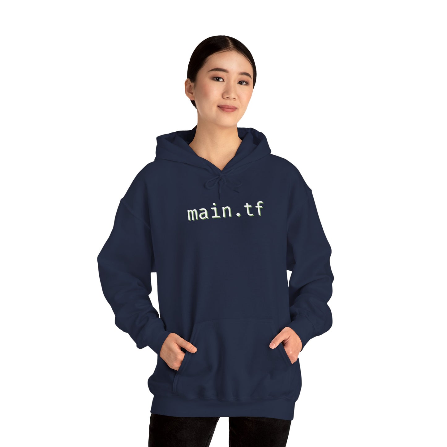 Female model in navy "main.tf" hoodie, front view – infra code queen