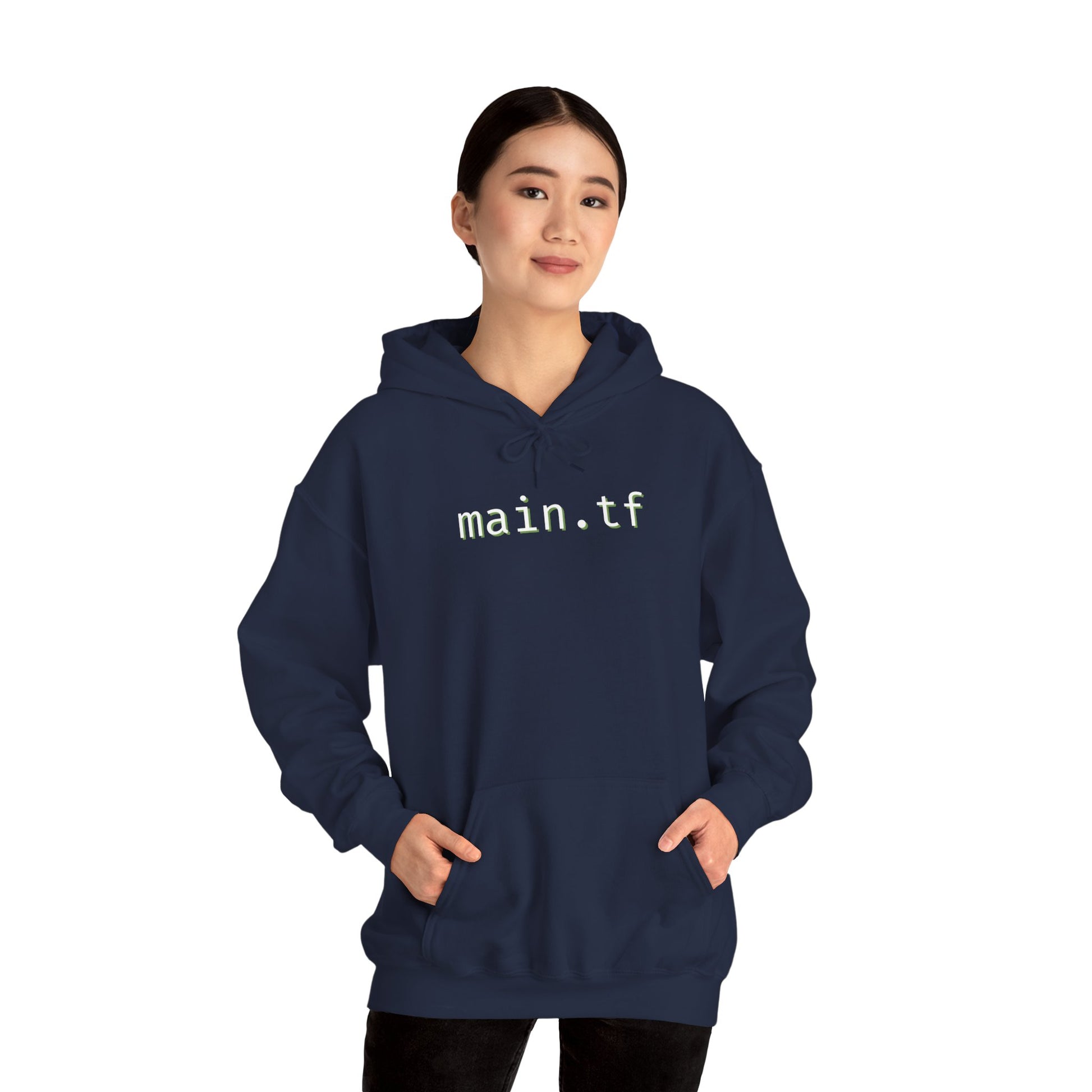 Female model in navy "main.tf" hoodie, front view – infra code queen