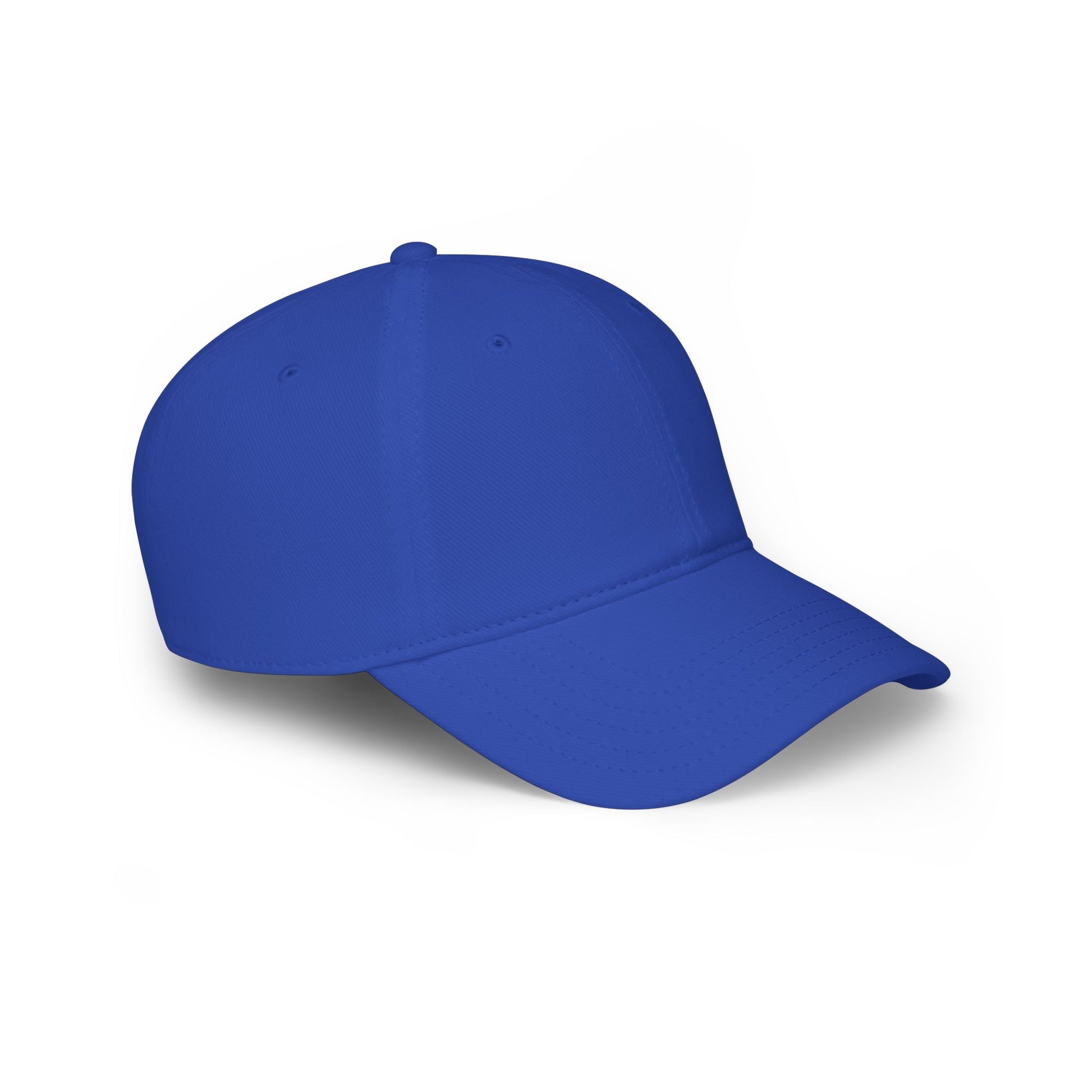 Side angle of royal blue unstructured dad hat, curved bill forward