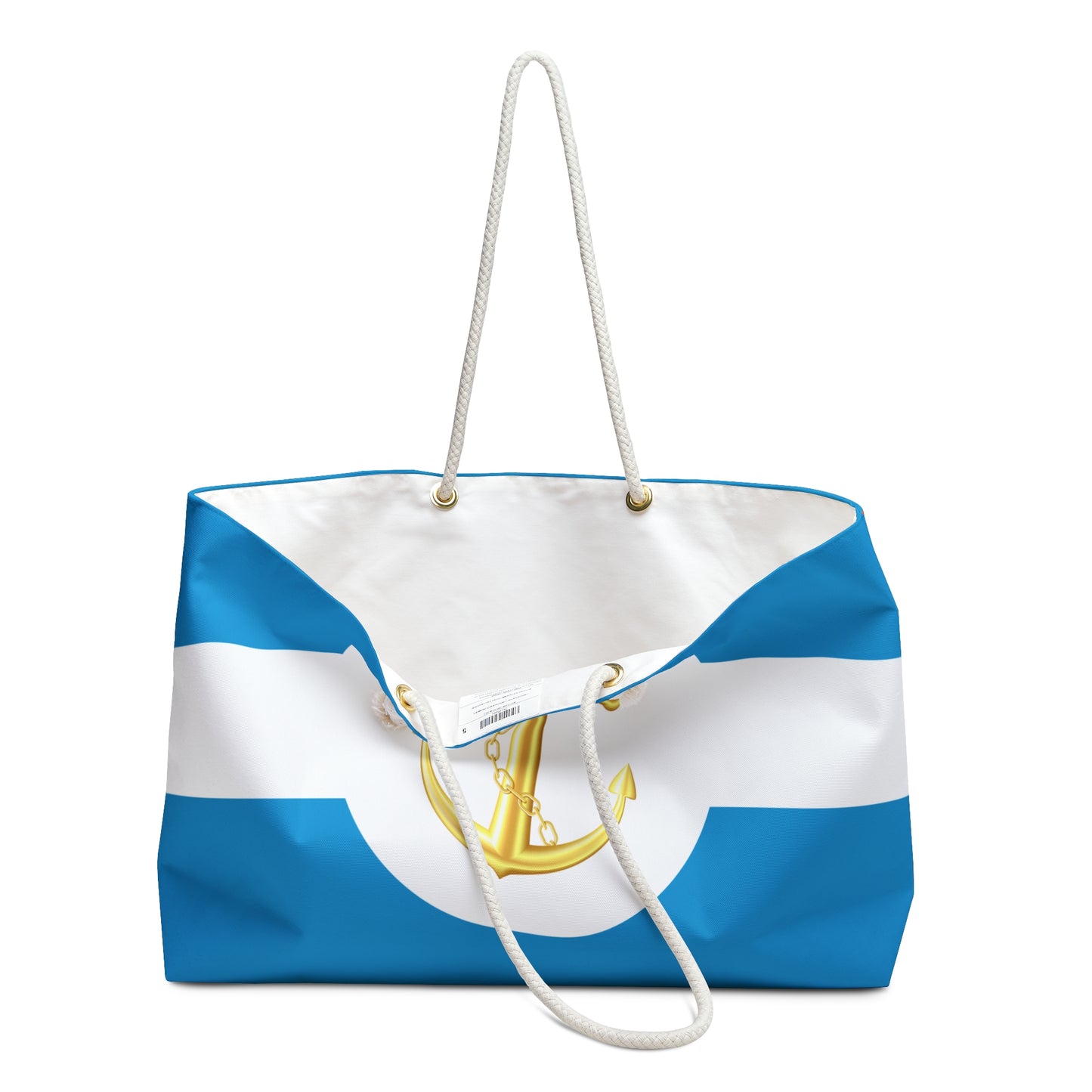 Open-top view of nautical tote revealing cream lining inside, blue stripes and partial gold anchor on exterior