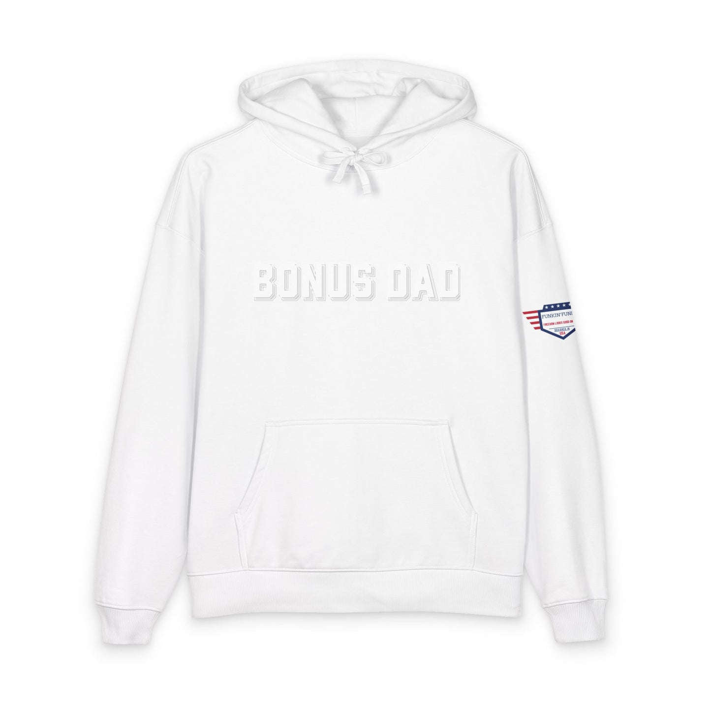 White Bonus Dad hoodie front, detailed "BONUS DAD" emboss and embroidered American flag badge on sleeve