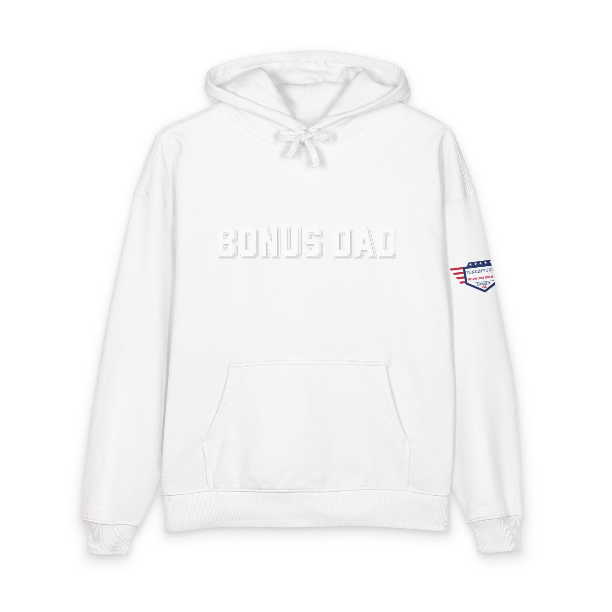 White Bonus Dad hoodie front, detailed "BONUS DAD" emboss and embroidered American flag badge on sleeve