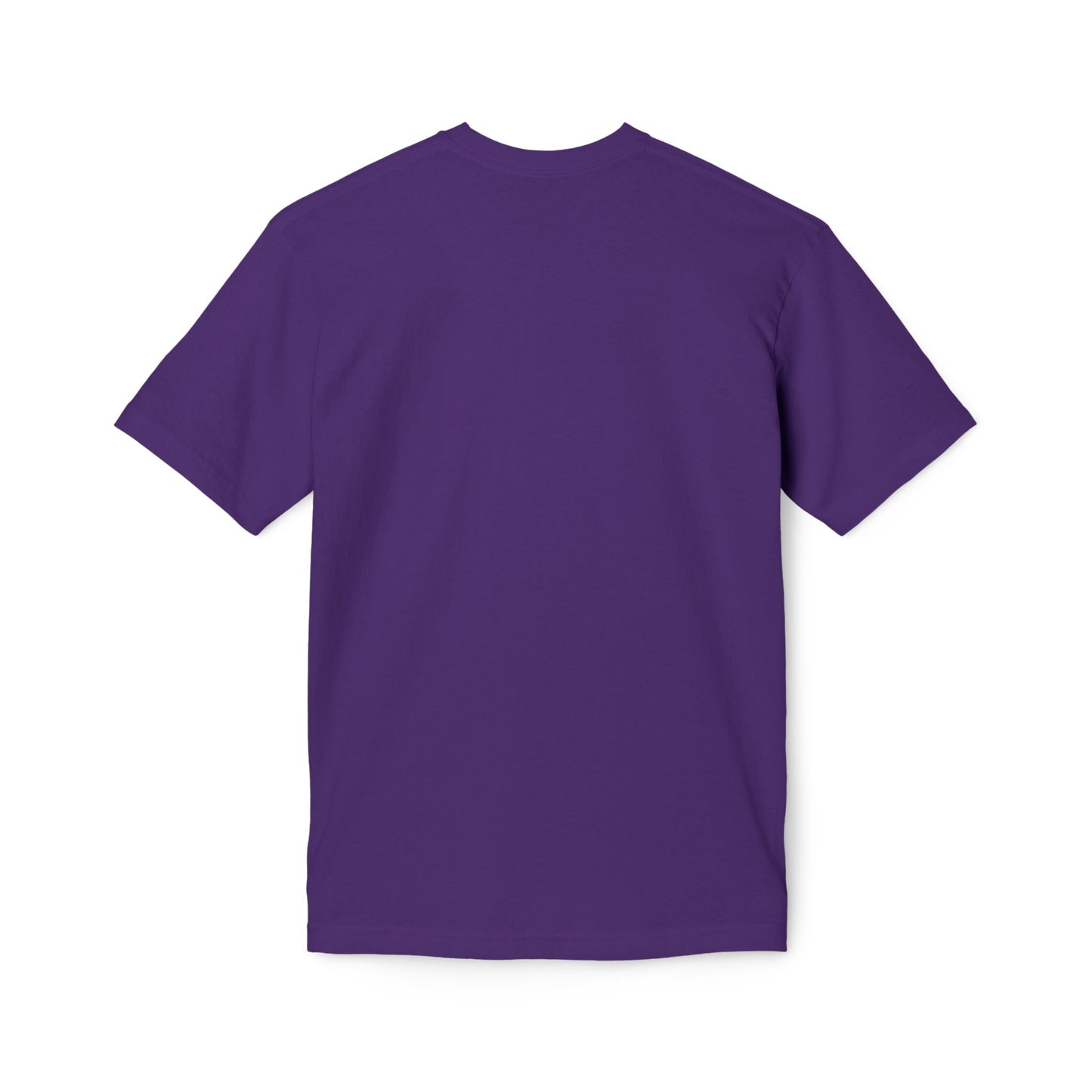 Back view of plain purple short-sleeve tee, clean canvas for chaotic convos