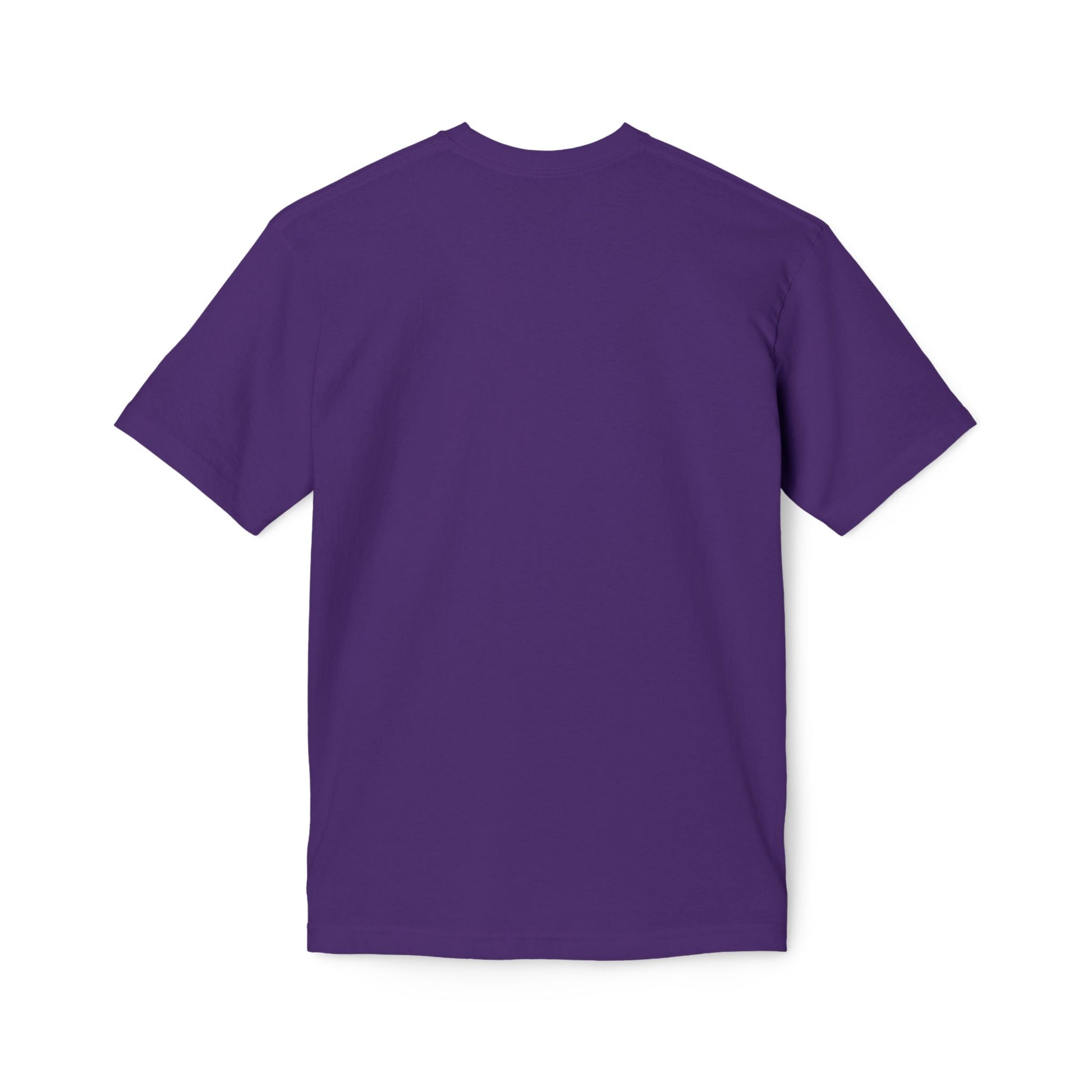 Back view of plain purple short-sleeve tee, clean canvas for chaotic convos