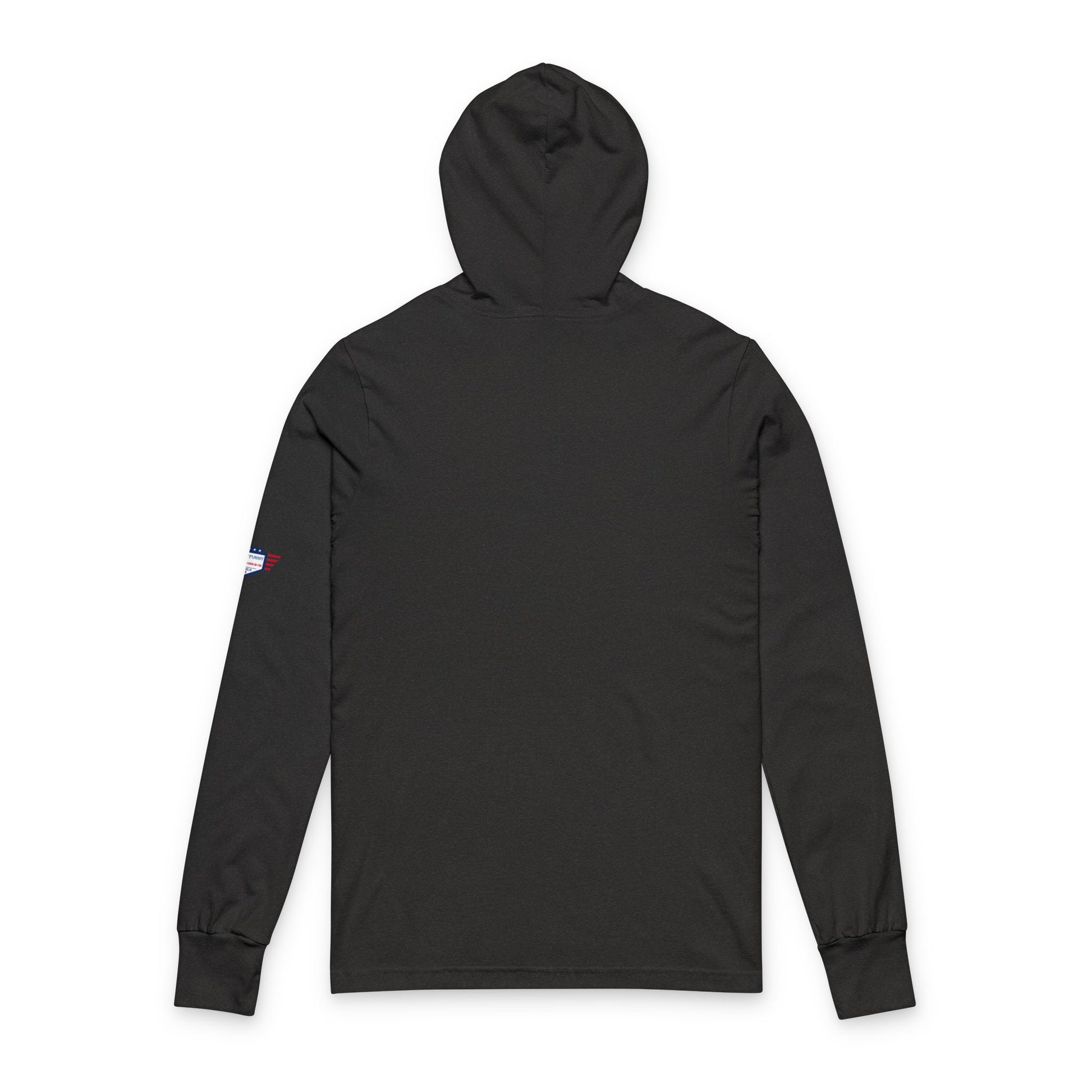 Back view of black unisex hoodie — clean plain back, subtle sleeve emblem