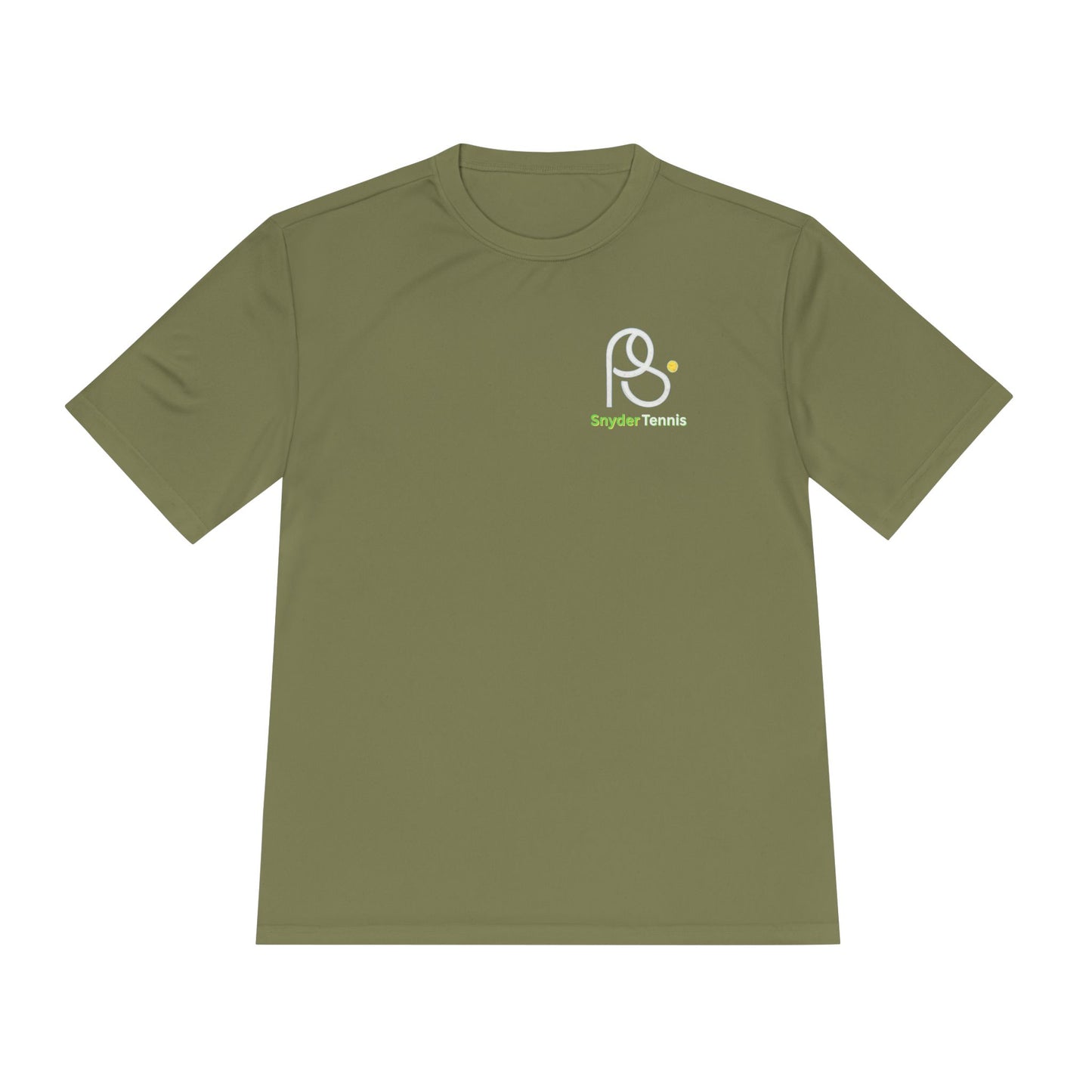 Flat front olive green moisture-wicking Coach Pete Snyder tee, white PS Bryant Tennis logo