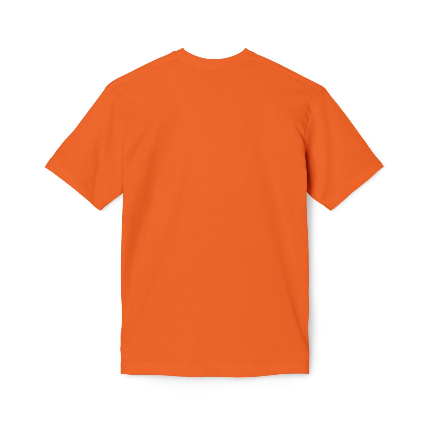 Back view of bright orange unisex T-shirt, plain with short sleeves and crew neck