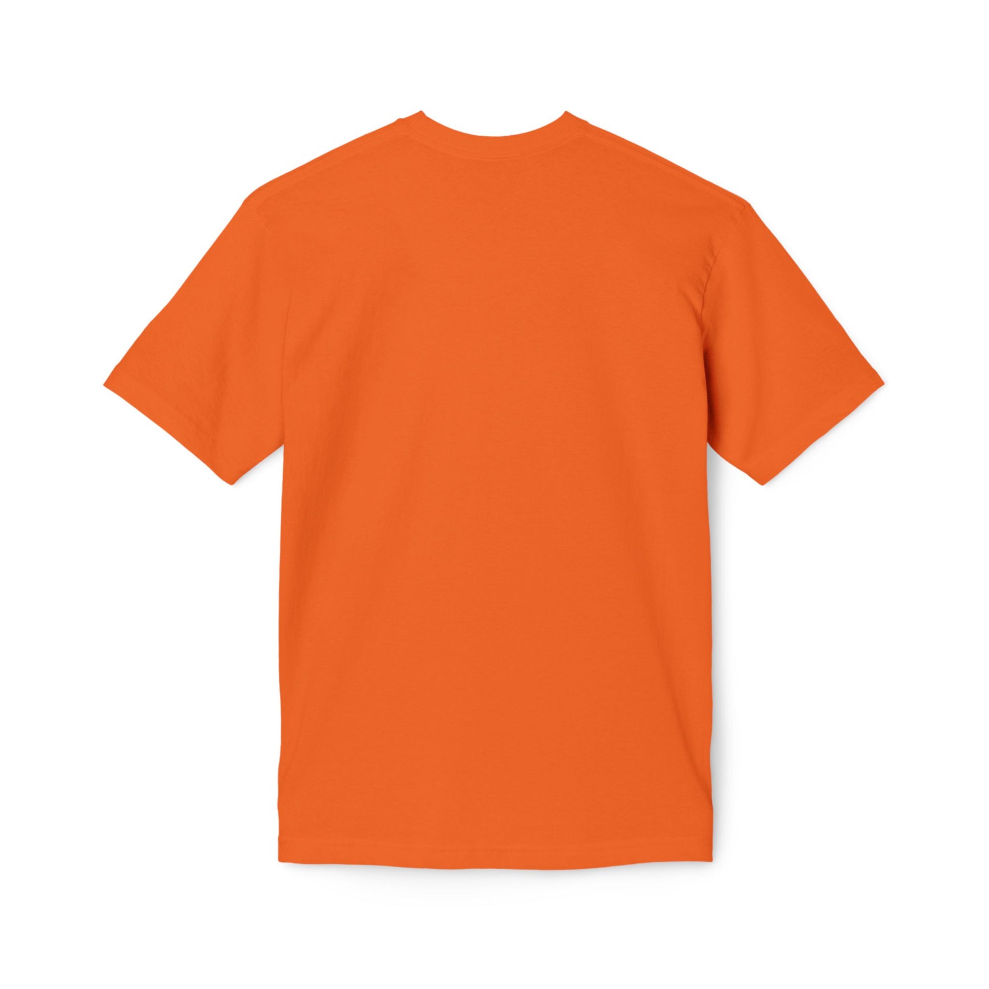 Back view of bright orange unisex T-shirt, plain with short sleeves and crew neck
