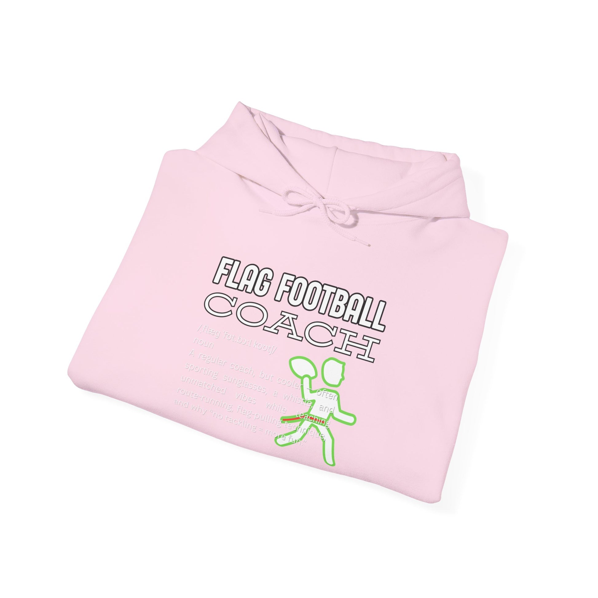 Folded flat front of light pink hoodie with white Flag Football Coach text and neon green runner graphic