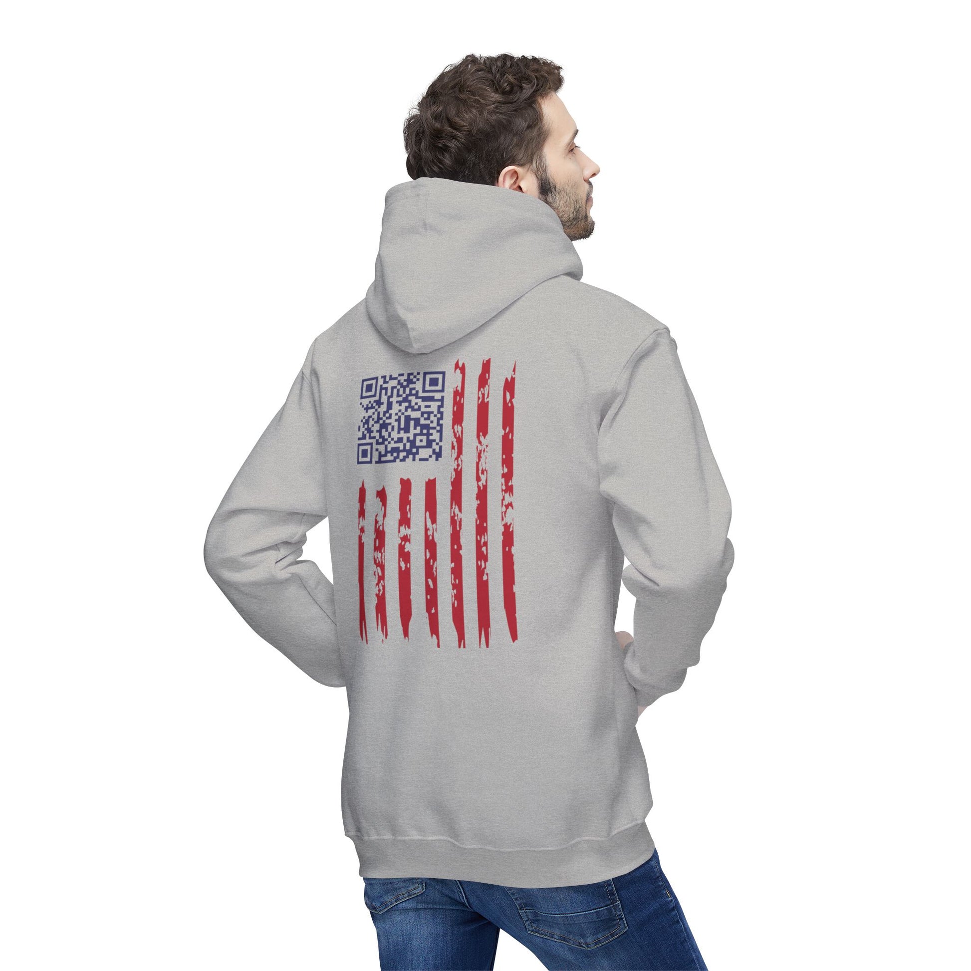 Man in gray hoodie back view: beat-up US flag print with sneaky blue Trump dance QR code
