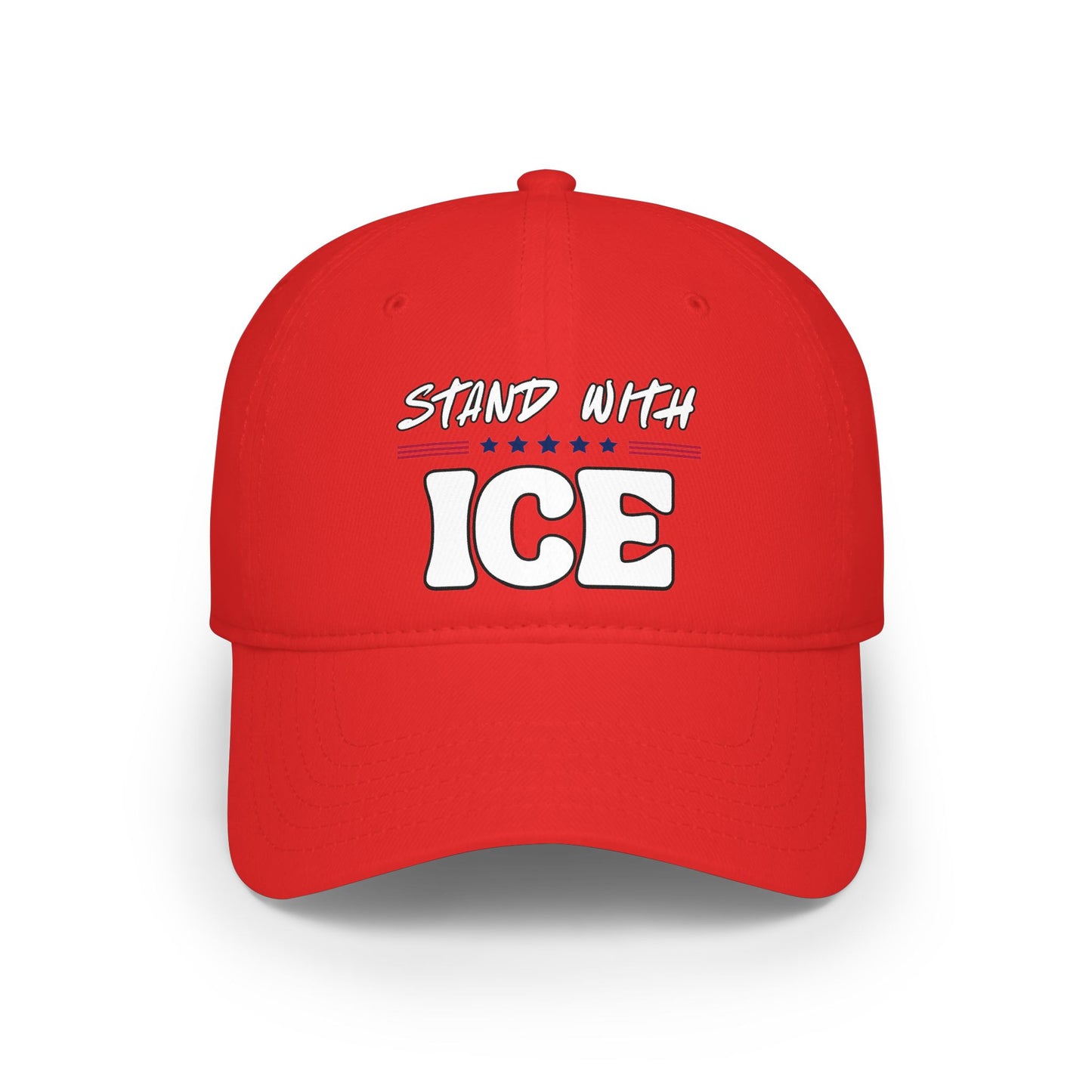 Front view of red dad hat with bold white "Stand With ICE" print and stars – patriotic punch