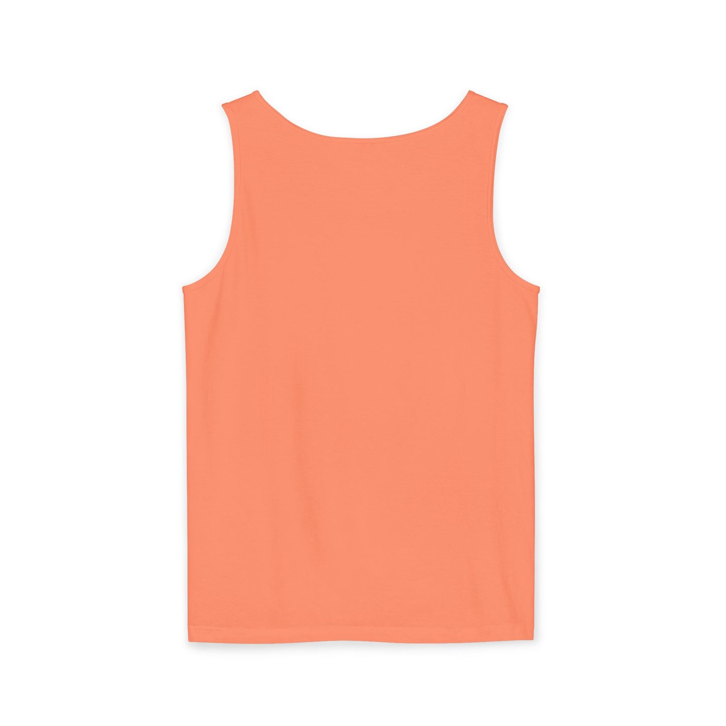 Back view of plain coral orange tank top, clean sleeveless design