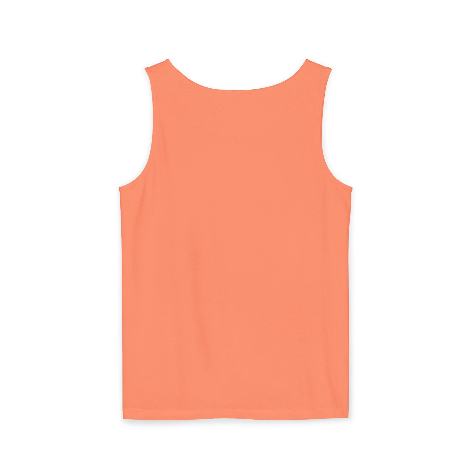 Back view of plain coral orange tank top, clean sleeveless design