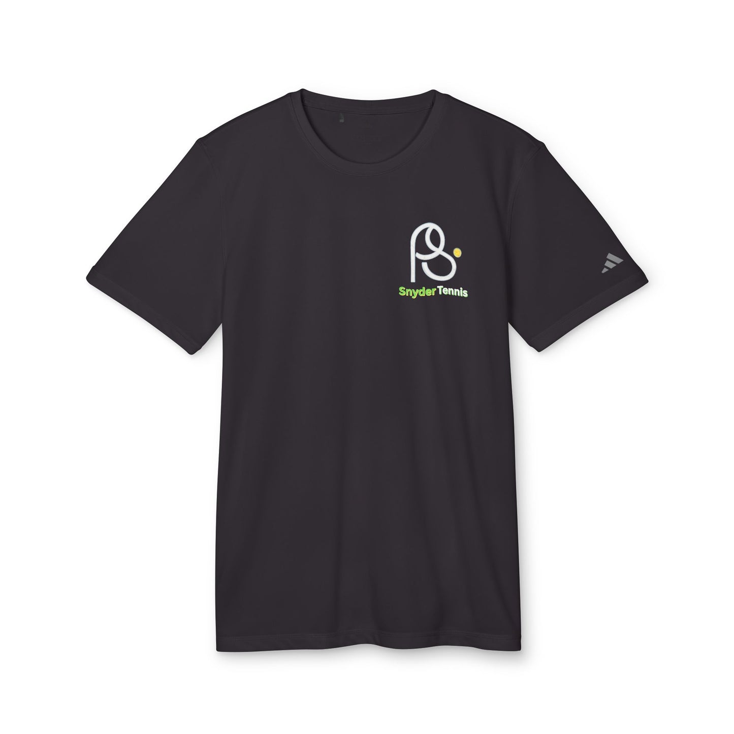Front view of black adidas performance tee, PS Snyder Tennis logo in white and green accents