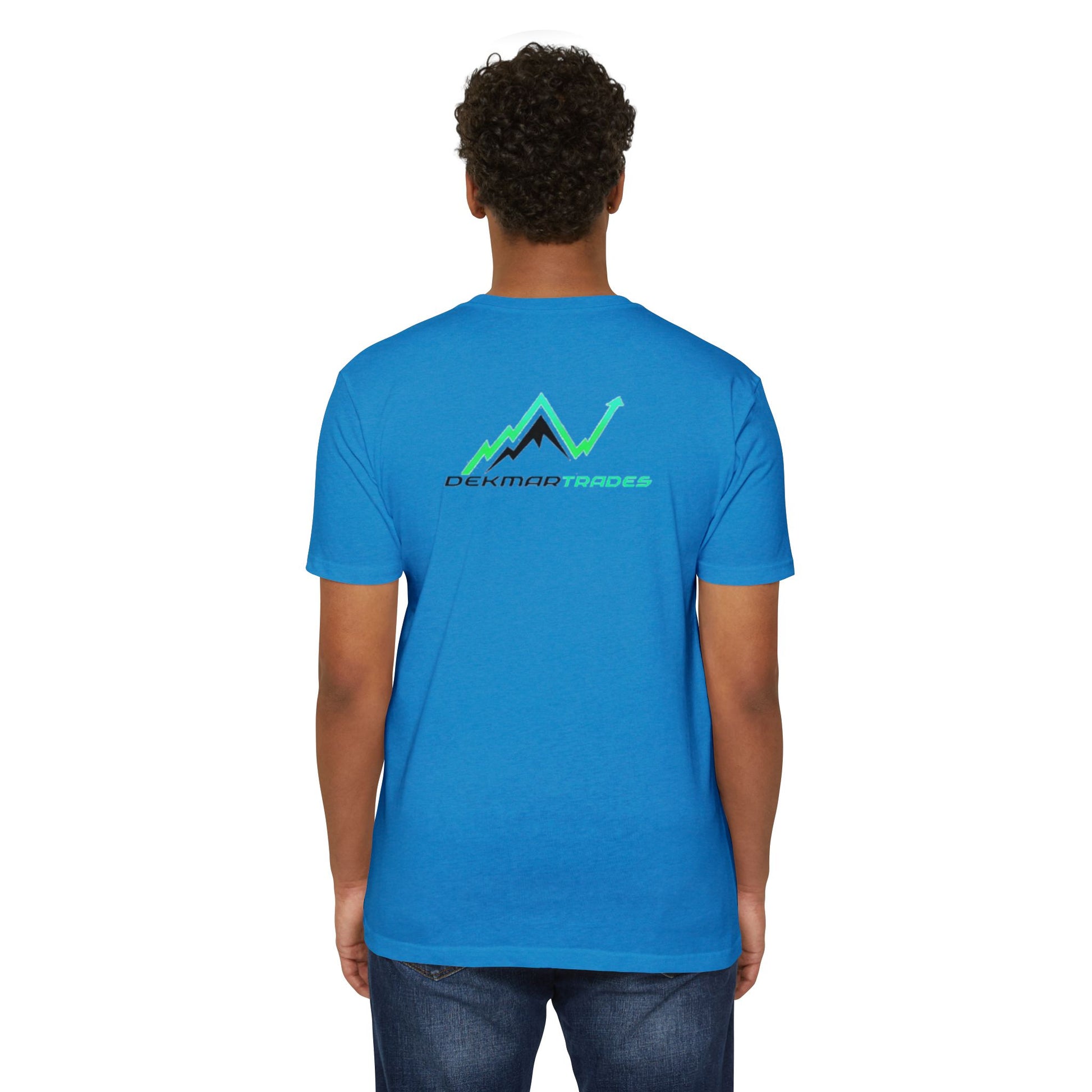 Back of Black man in turquoise t-shirt, green Dekmar Trades mountain chart design