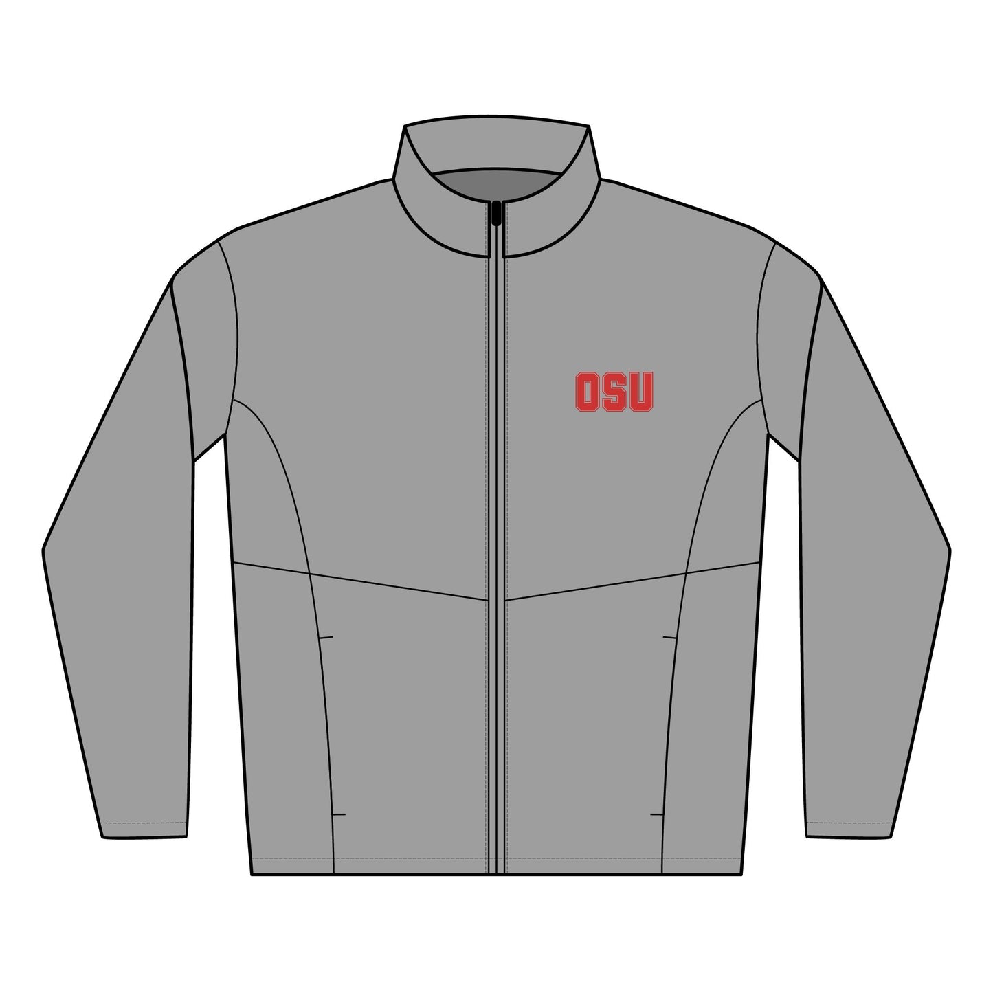 Flat front view of light grey soft shell jacket with red OSU embroidery on chest, full zip, zip pockets, sleek side panels