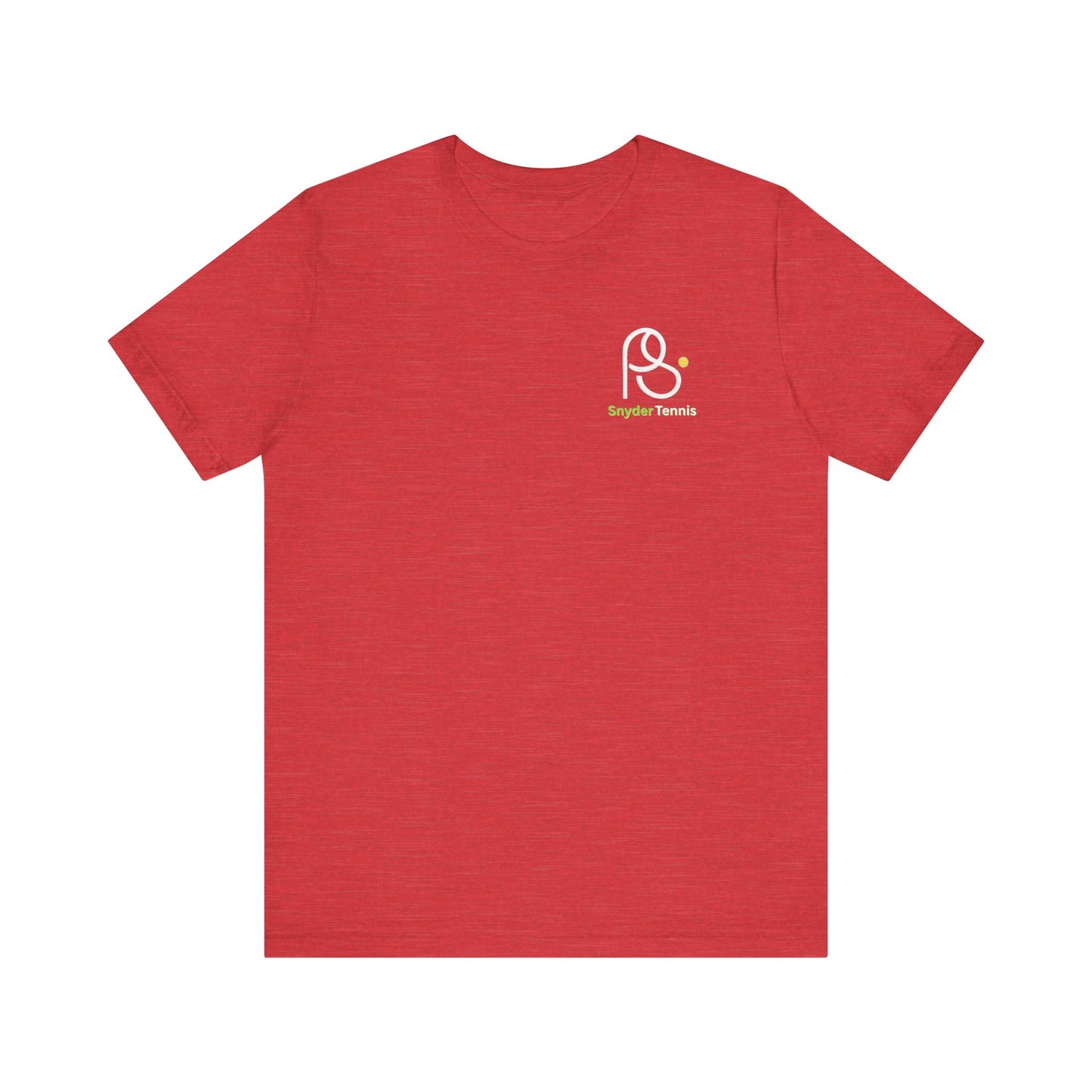 Front view of solid red Coach Pete Snyder tennis t-shirt, bold white PS logo and green "PS Tennis" chest graphic