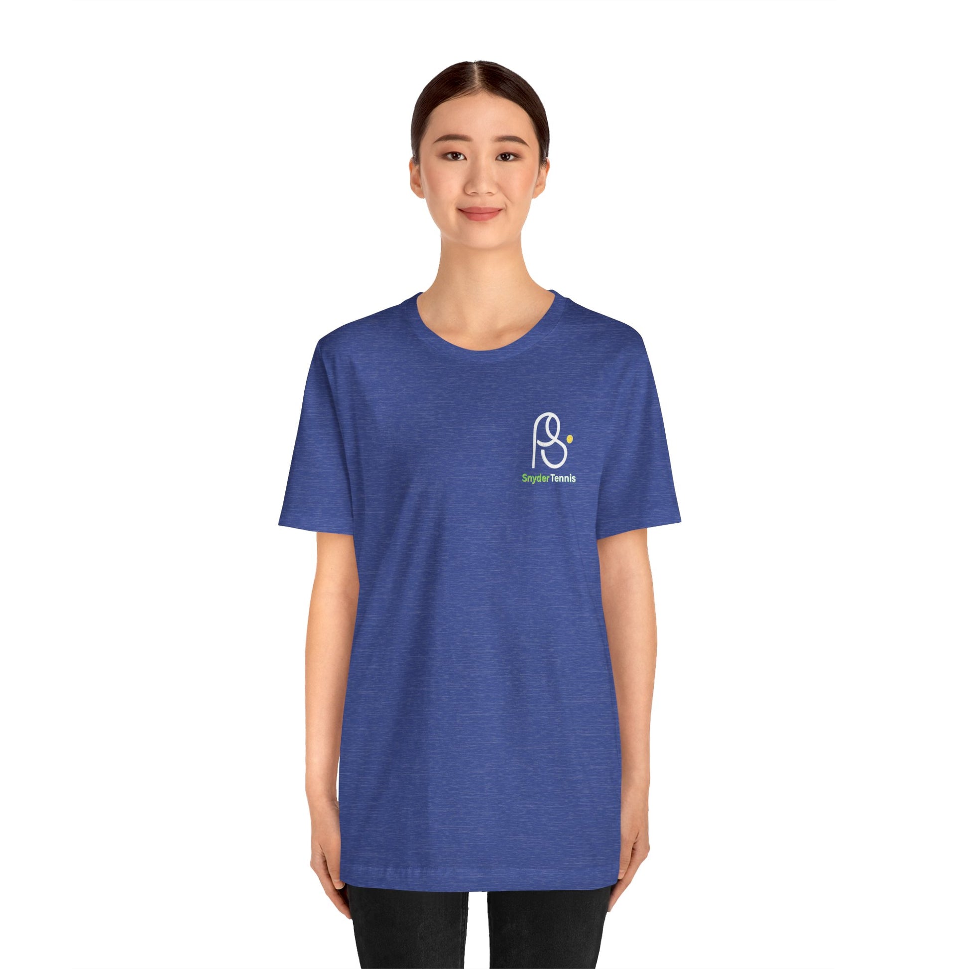 Female model front view rocking heather navy tee, small white "P• Pete Tennis" chest emblem