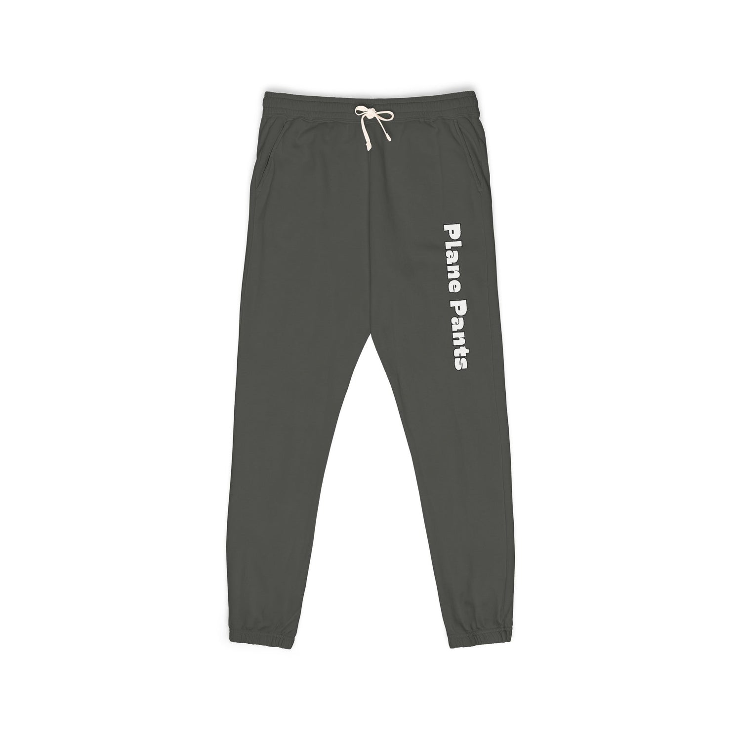 Front view of charcoal gray Plane Pants fleece joggers with vertical white "Plane Pants" text down the right leg