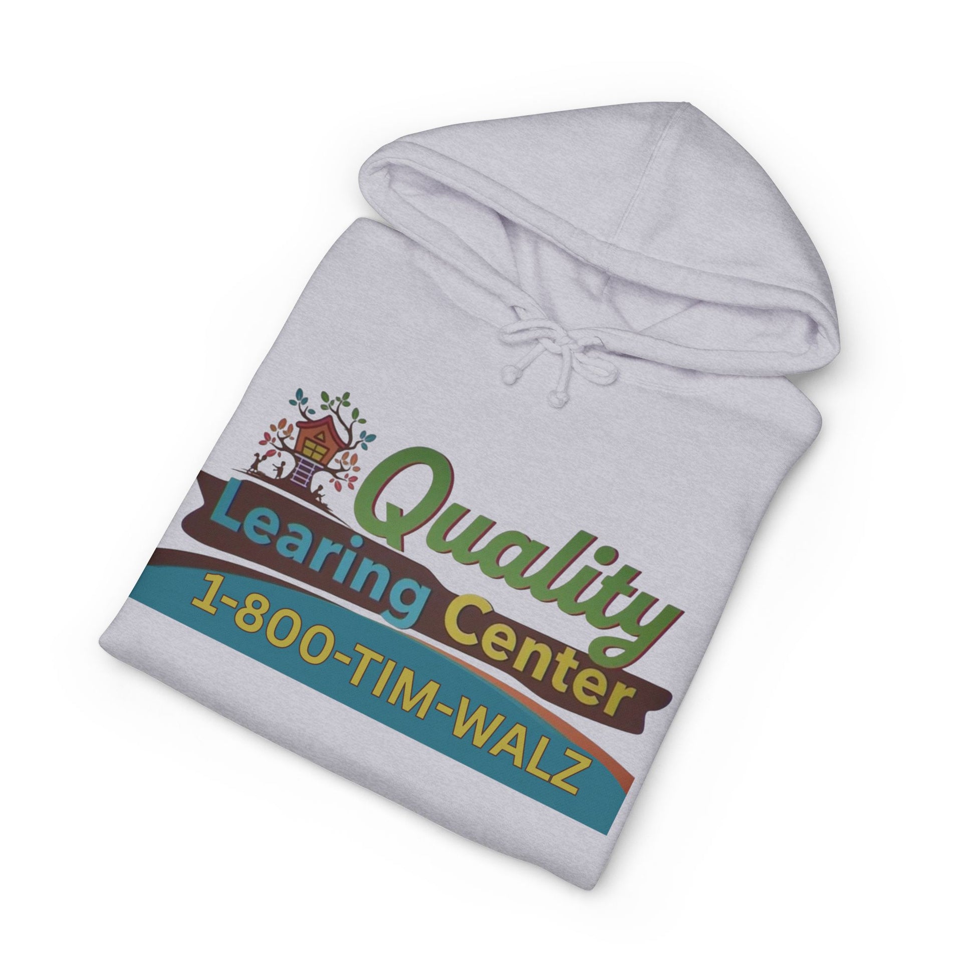 Folded front view of grey heather hoodie displaying green/orange "Quality Learing Center 1-800-TIM-WALZ" logo and treehouse
