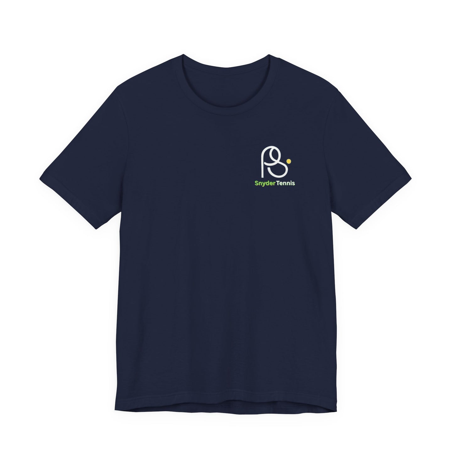 Front view navy tee with chest white "PⓈ" logo and green "Snyder Tennis" text, clean crewneck style