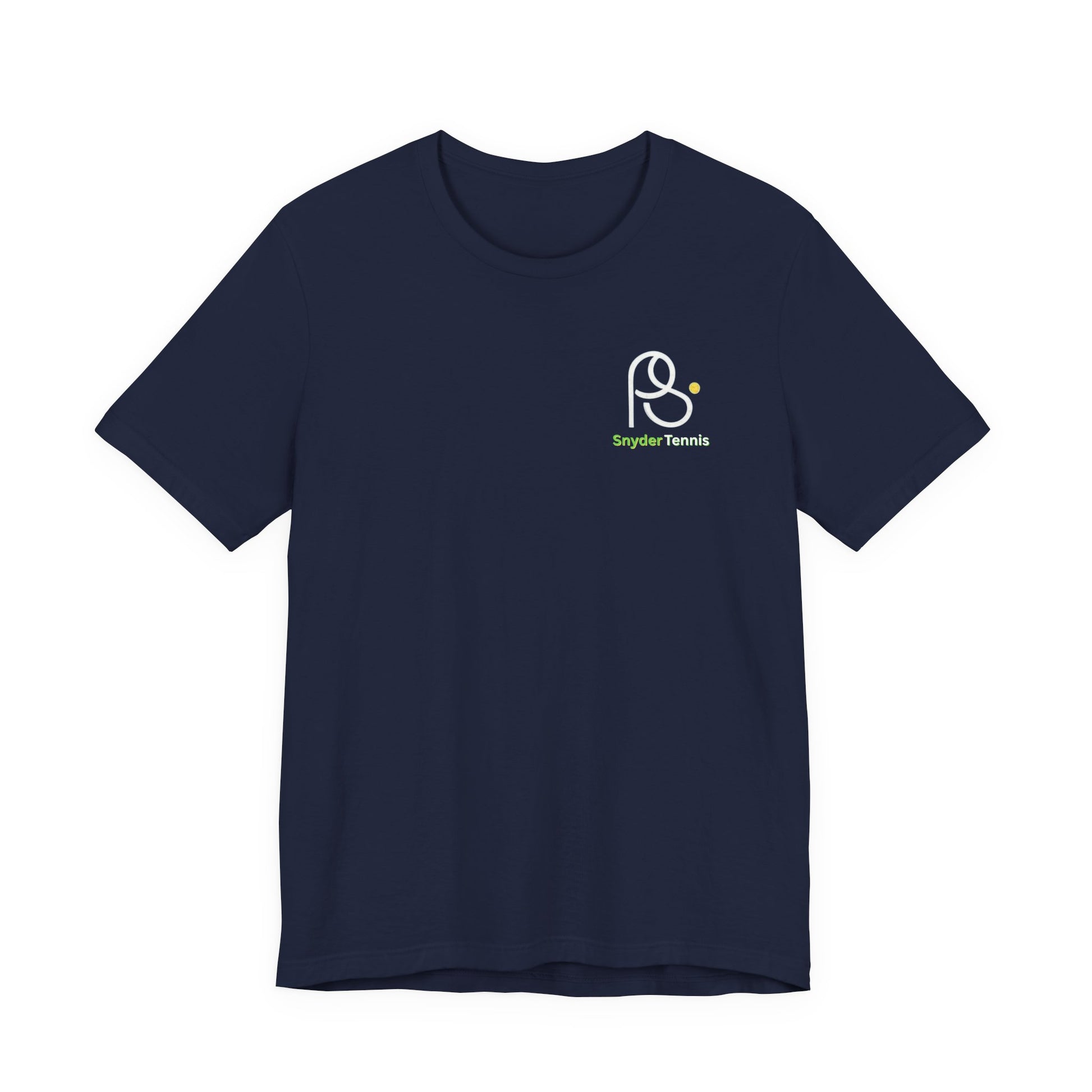 Front view navy tee with chest white "PⓈ" logo and green "Snyder Tennis" text, clean crewneck style