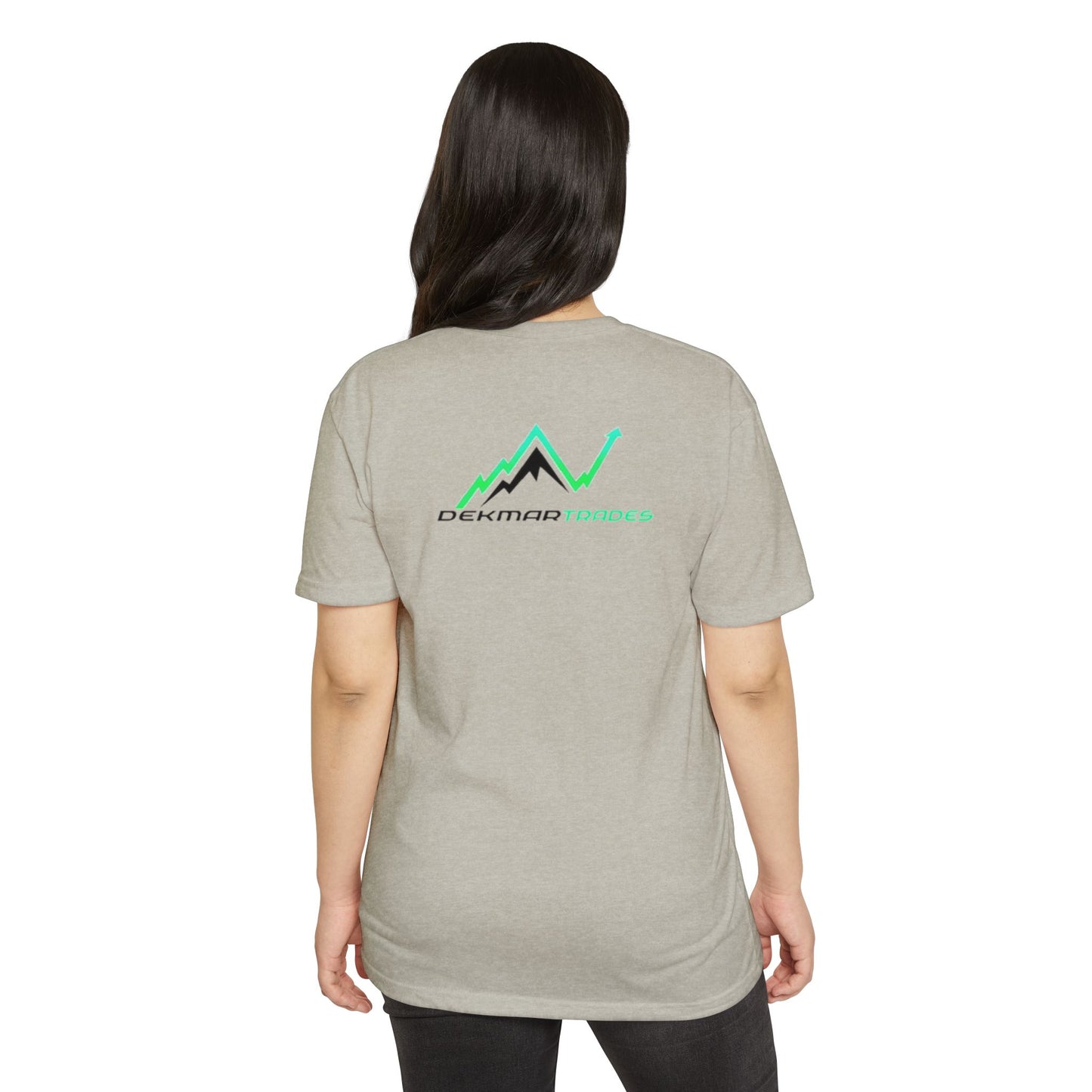 Female model wearing heather gray TradeCaster tee from back, Dekmar Trades emblem in green peaks