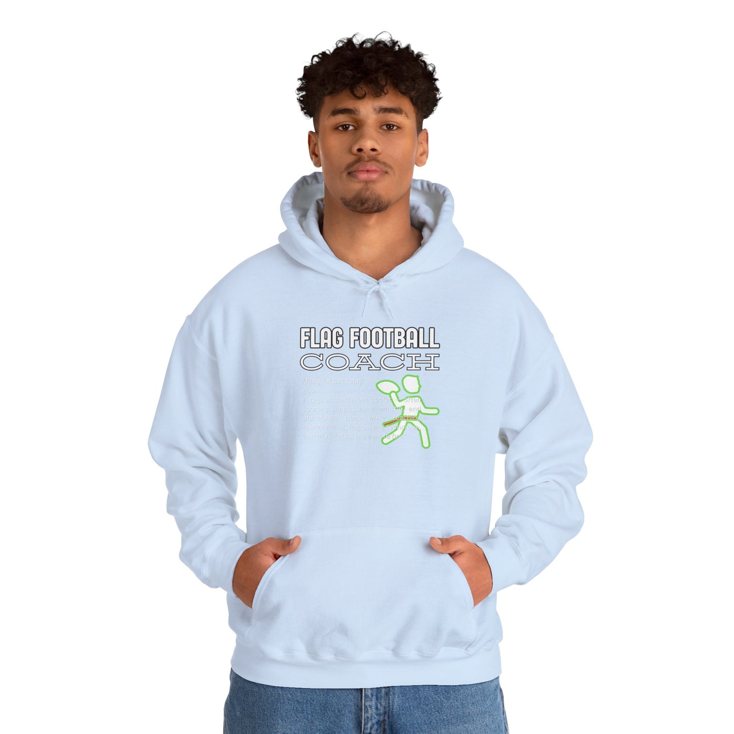 Curly-haired male model in light blue hoodie, front "FLAG FOOTBALL COACH" with neon green flag football figure