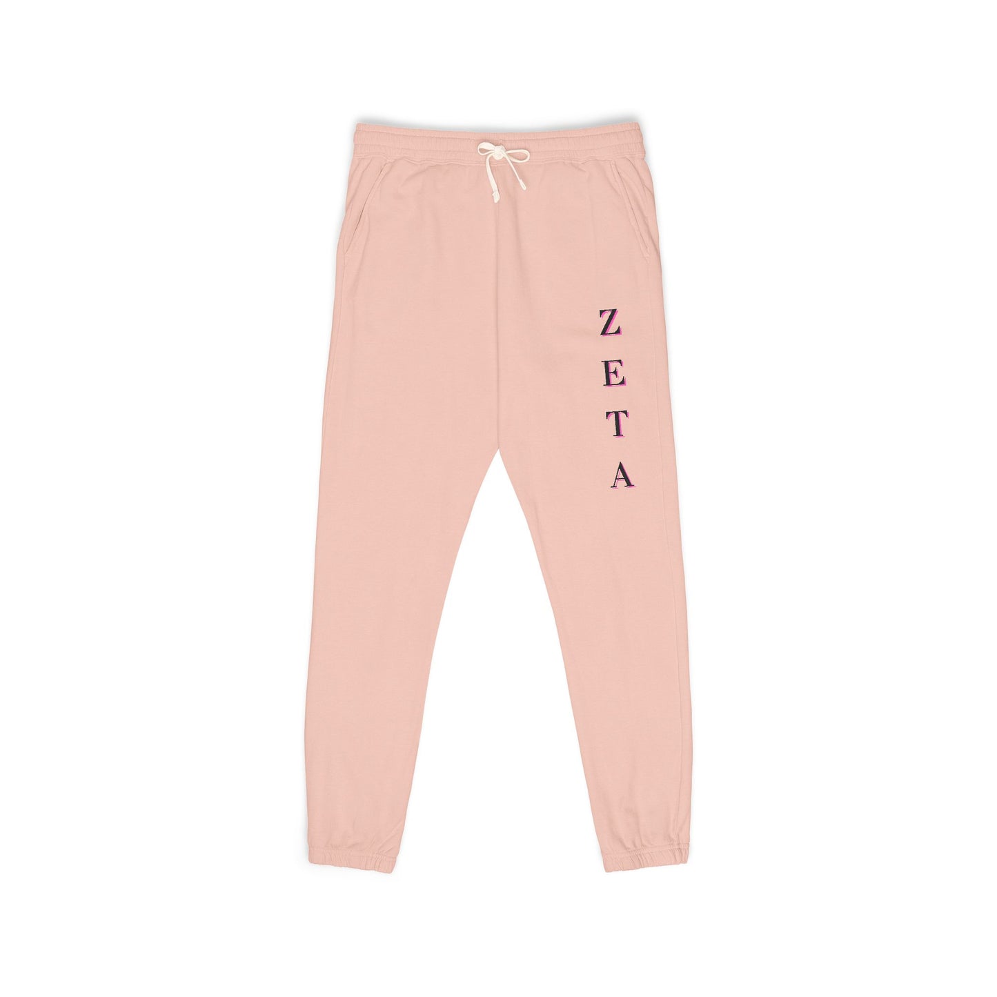 Front view of peachy Zeta Vertical Script sweatpants, magenta ZETA vertical script on leg