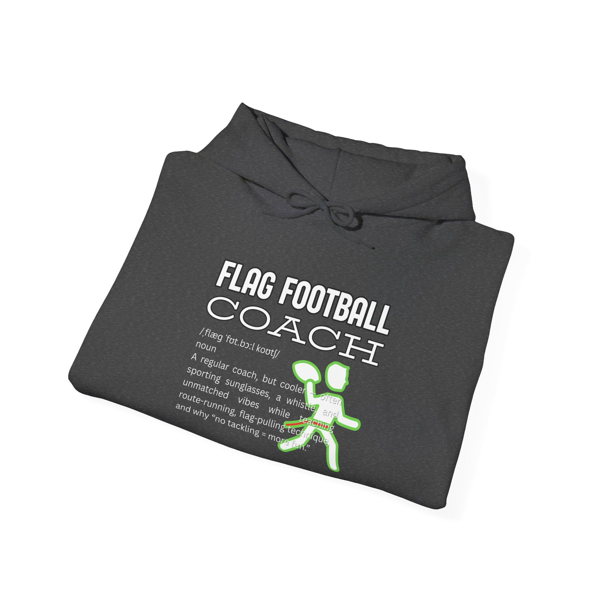Folded Black hoodie displaying front "FLAG FOOTBALL COACH" dictionary-style print with neon green runner graphic